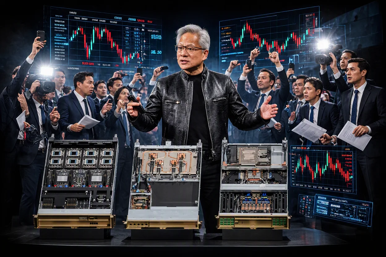 Executive in front of servers and computing systems for artificial intelligence, surrounded by journalists and panels with financial market charts.
