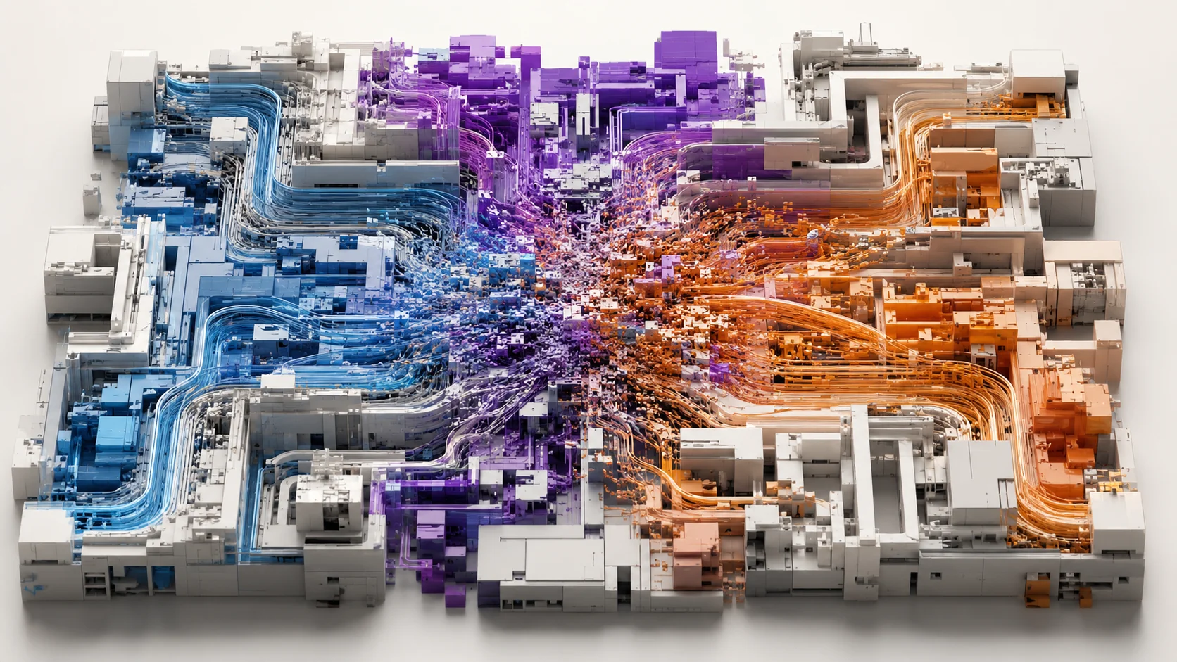 Abstract computational structure viewed from above, with blue, purple, and orange flows crossing different modules and colliding at the center of the composition.