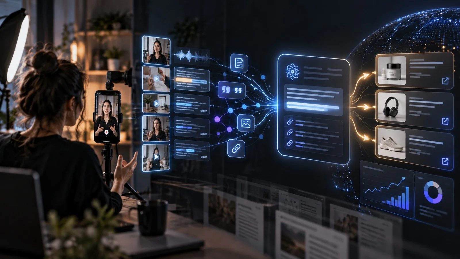 Creator video content flowing into an AI answer system, citations and product recommendation panels.