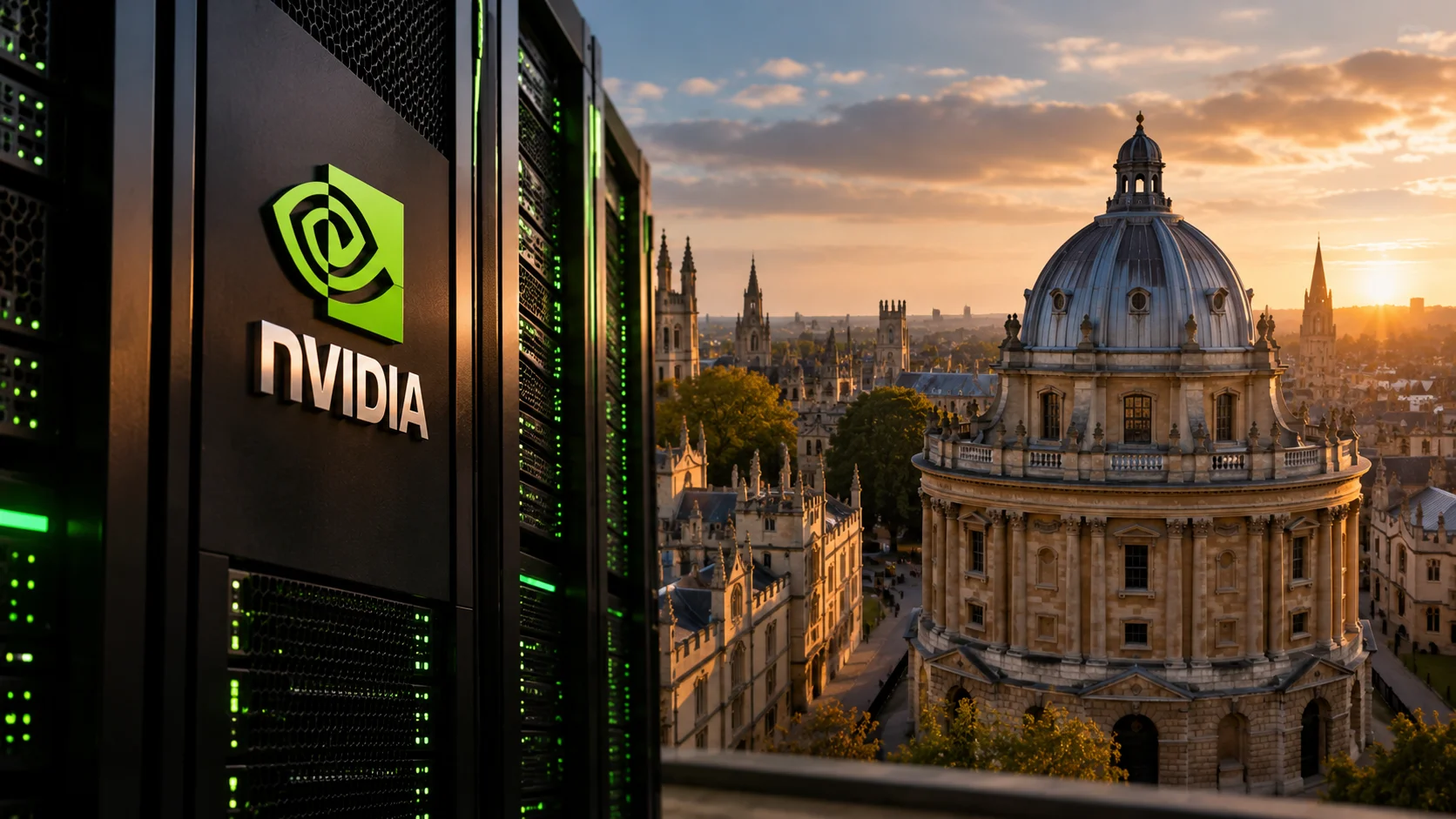 Editorial composition with Nvidia servers in the foreground and the University of Oxford in the background.