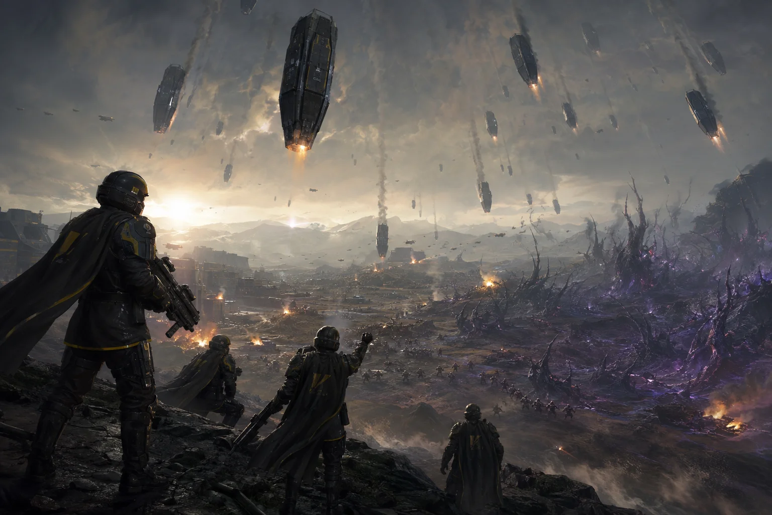 Helldivers soldiers watch dozens of drop pods arriving at a battlefield partially overtaken by a dark alien presence.