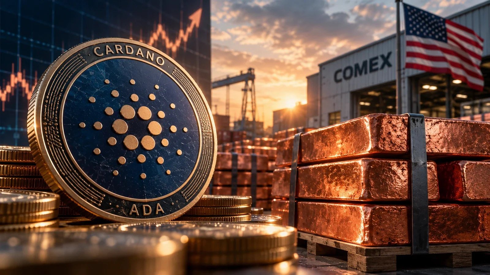 Moneda Cardano junto a barras de cobre en un almacén industrial en Estados Unidos.