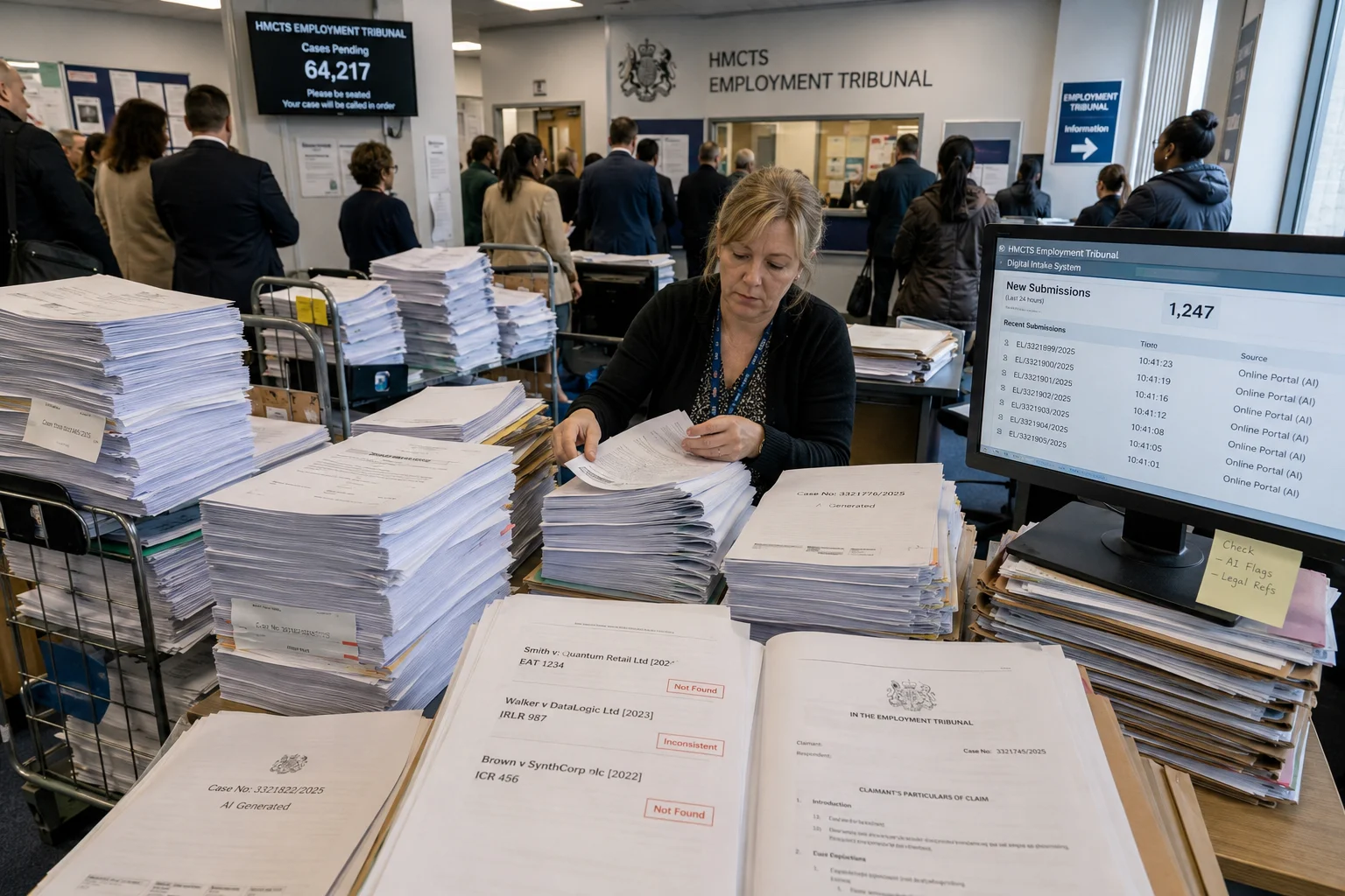 A British employment tribunal employee organizes huge stacks of case files as new documents arrive via the digital system and citizens wait for assistance in the background.