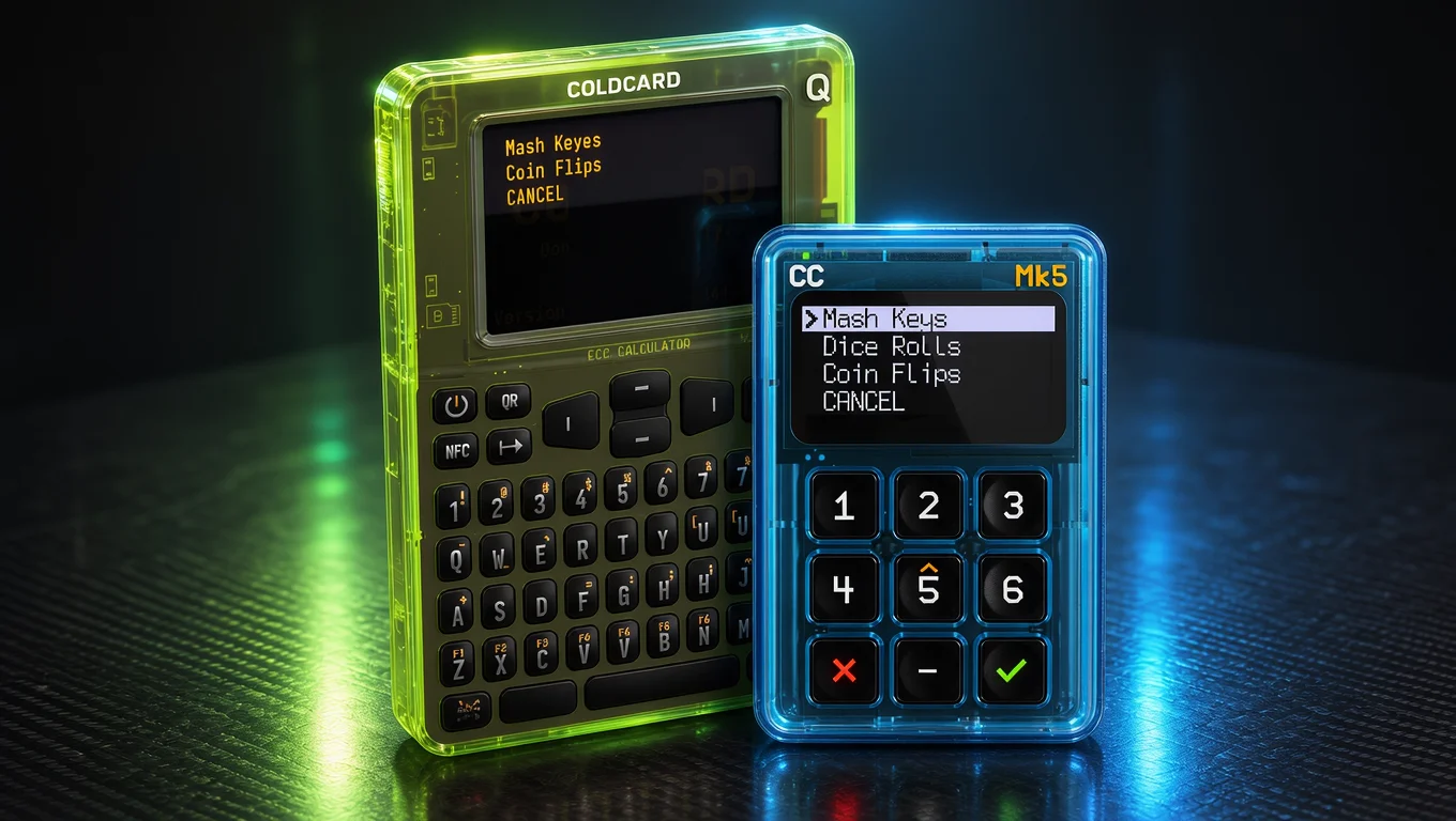 COLDCARD Q and Mk5 hardware wallets side by side, with screens displaying Mash Keys, Dice Rolls and Coin Flips options for seed generation.