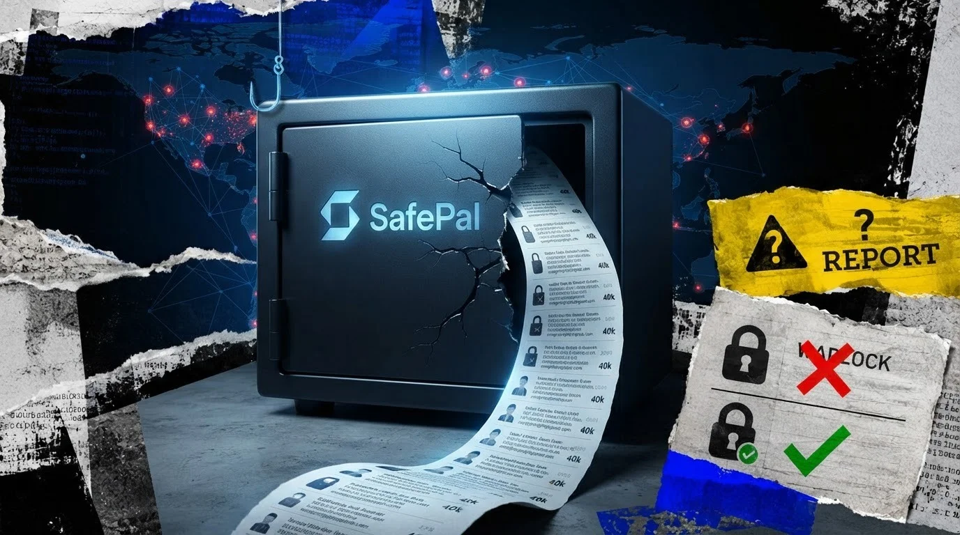 A safe with the SafePal logo appears cracked in a digital collage, surrounded by security alerts, padlocks and a map with global connections.