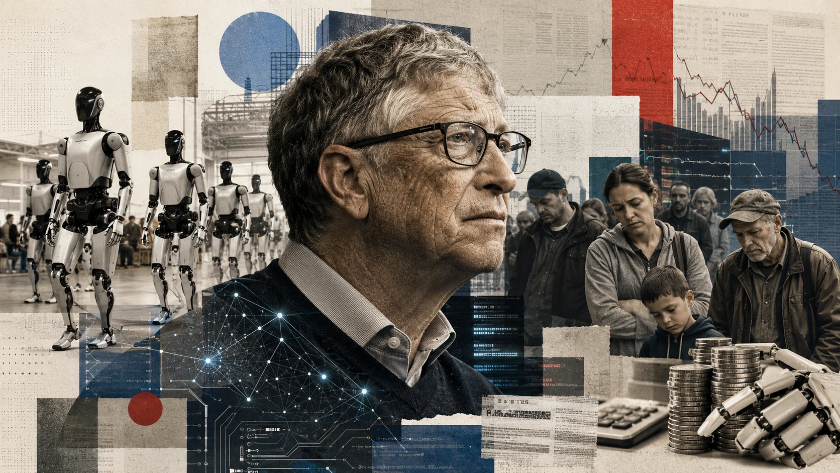 Editorial collage with Bill Gates in profile with a worried expression, surrounded by humanoid robots, workers, and families in economic hardship, along with graphic elements representing artificial intelligence, automation, and job loss.
