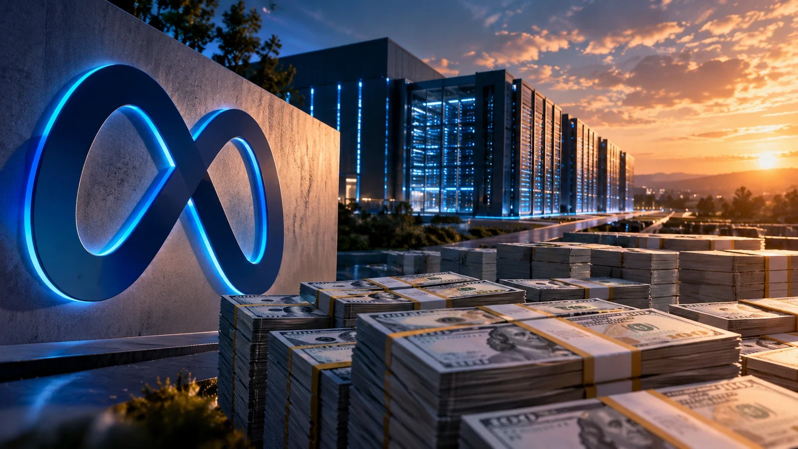 Logo da Meta ao lado de um data center e pilhas de dólares, simbolizando investimentos em IA.