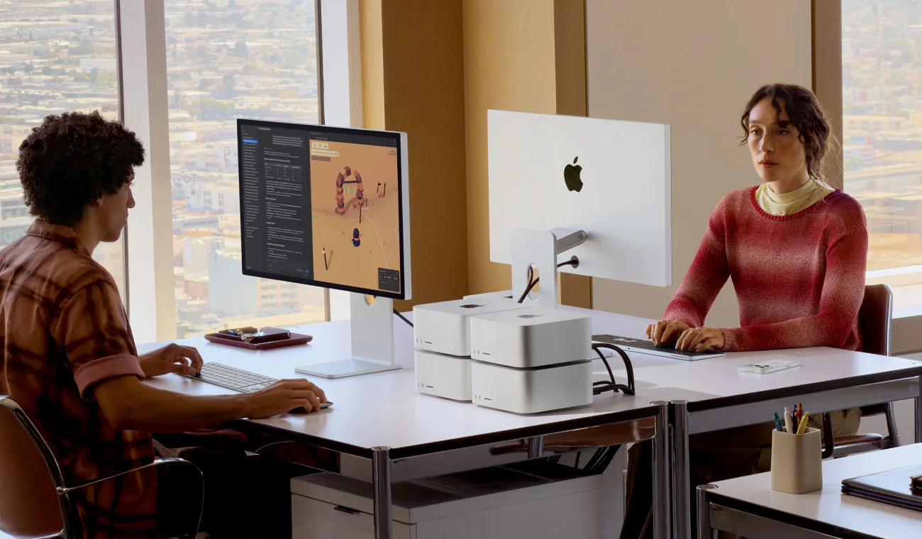 Four Mac Studio systems configured as a compact cluster for local AI workloads.