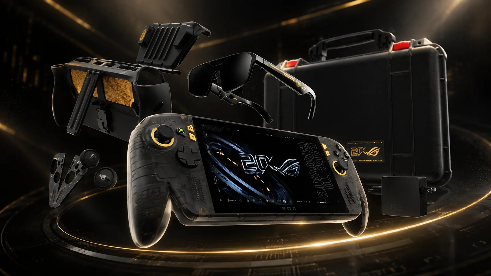 ROG Xbox Ally X20 with black and gold design, augmented reality glasses, hard case, and accessories in a promotional composition.