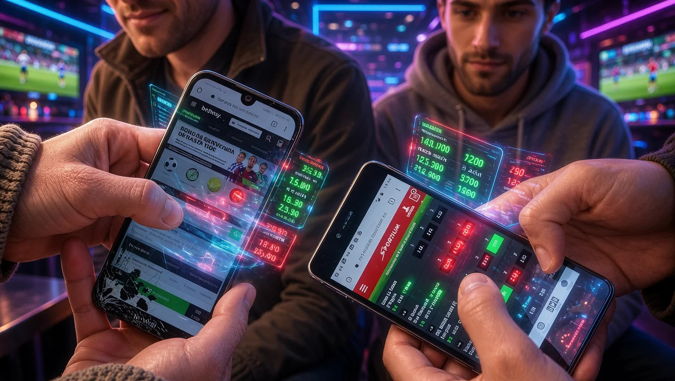 People using smartphones with sports betting platforms in an environment with football screens in the background.
