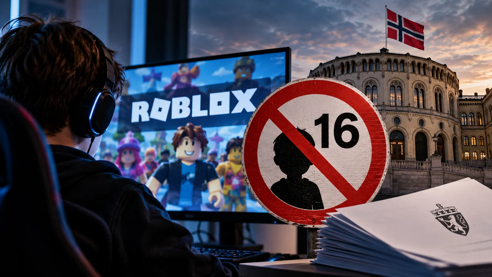 Editorial illustration showing a young Roblox player, an under-16 restriction symbol, and Norway's Parliament.