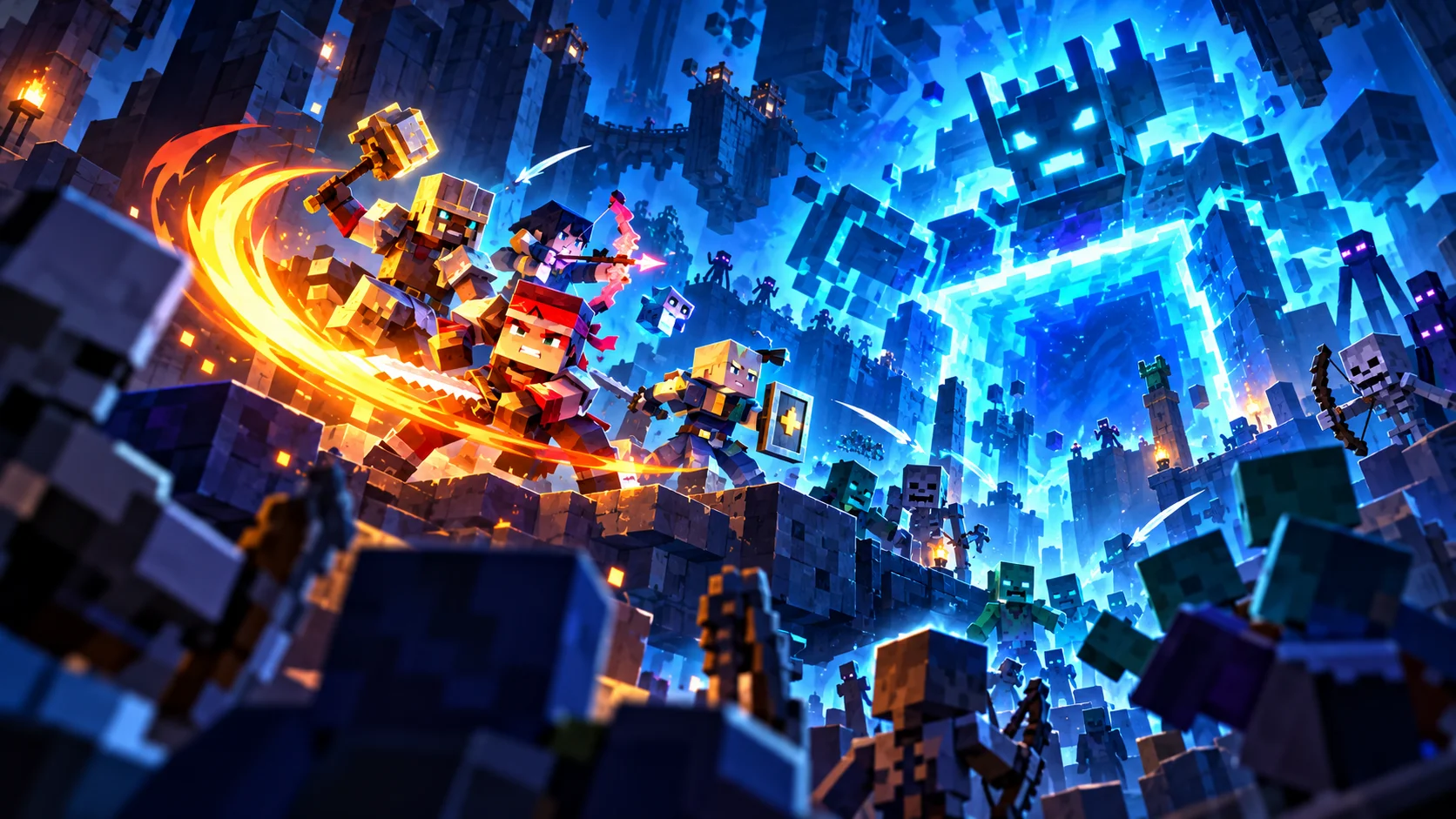 Personajes de Minecraft luchan cerca de un portal resplandeciente que representa la dimensión The Sift.