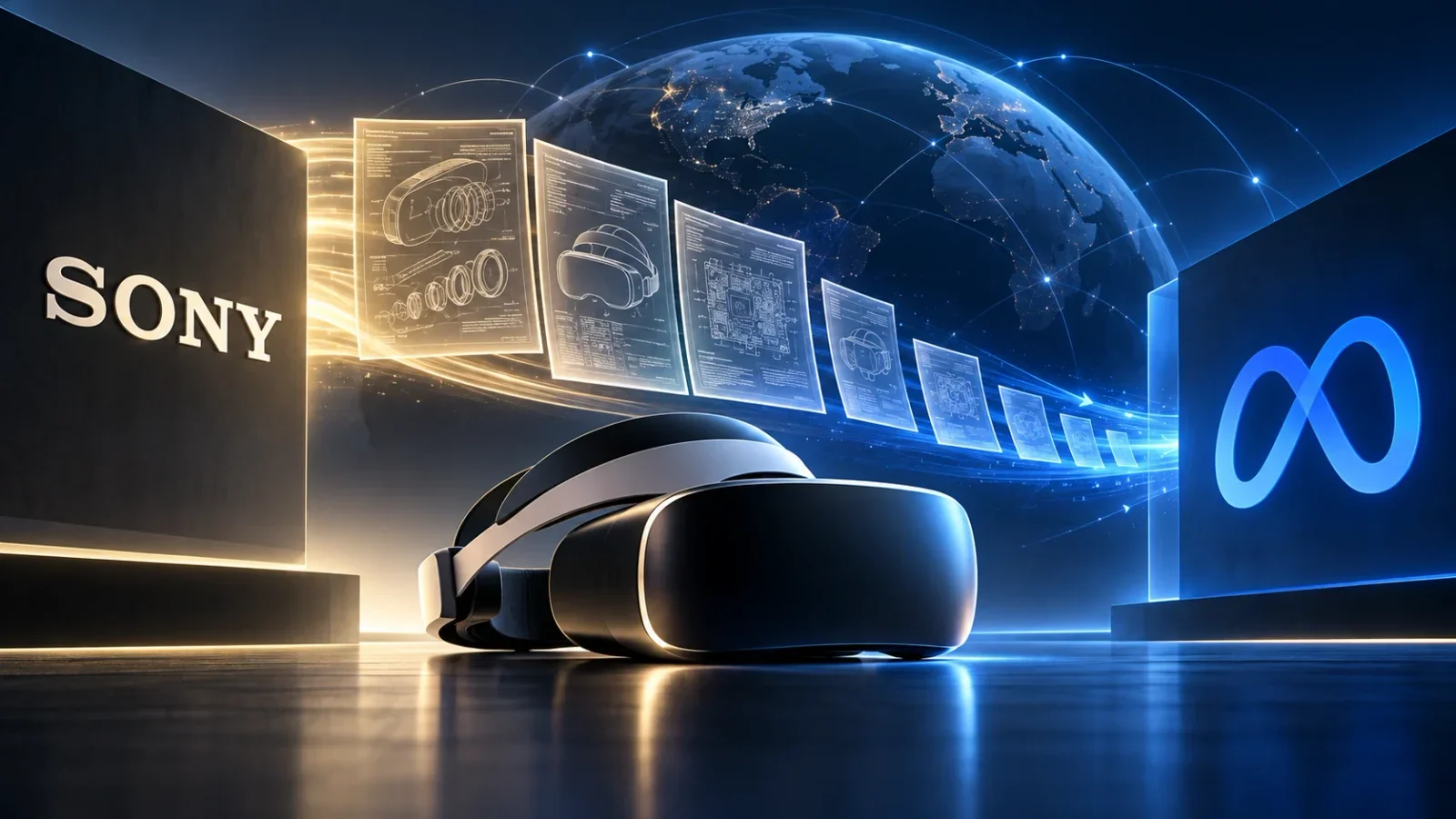 Headset de realidade virtual entre os logotipos da Sony e da Meta, com documentos de patentes simbolizando a transferência de tecnologias.