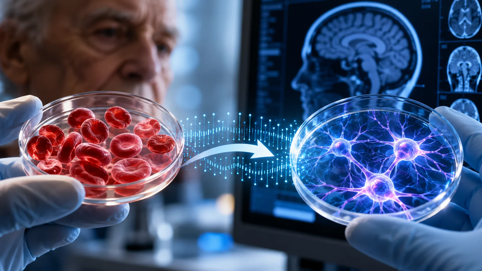 Duas placas de laboratório mostram células sanguíneas vermelhas e neurônios, com uma representação visual da transformação celular.