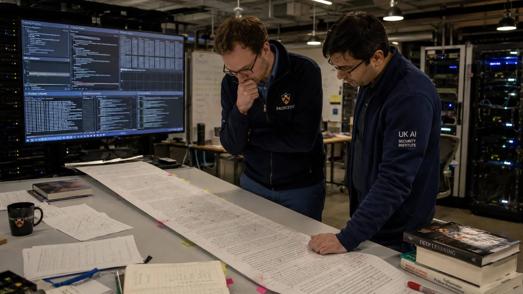 Two researchers analyze a long scientific manuscript covered in corrections in an AI lab, with monitors displaying code and servers running in the background.