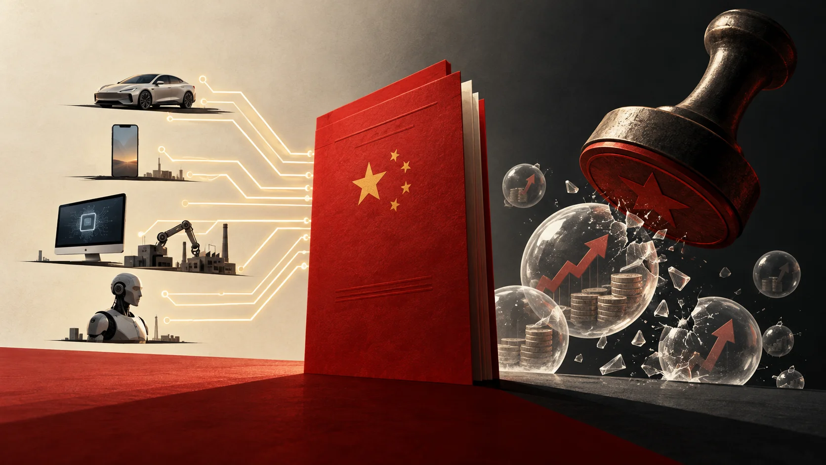 Illustration with an official Chinese document, AI technologies and a government seal bursting speculative bubbles.