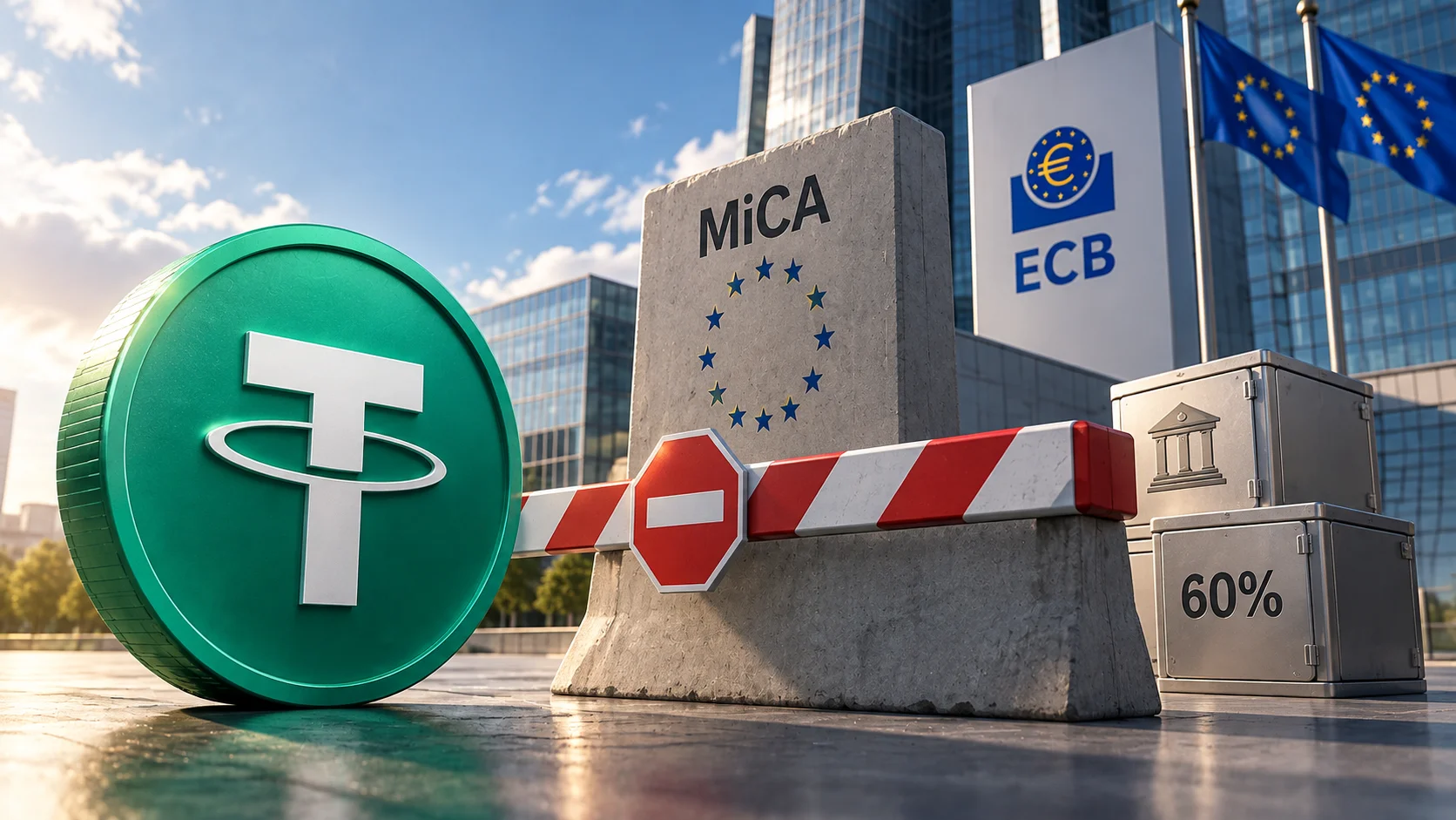 Símbolo de Tether frente a una barrera MiCA, con referencia al BCE y a la regla del 60% en depósitos.