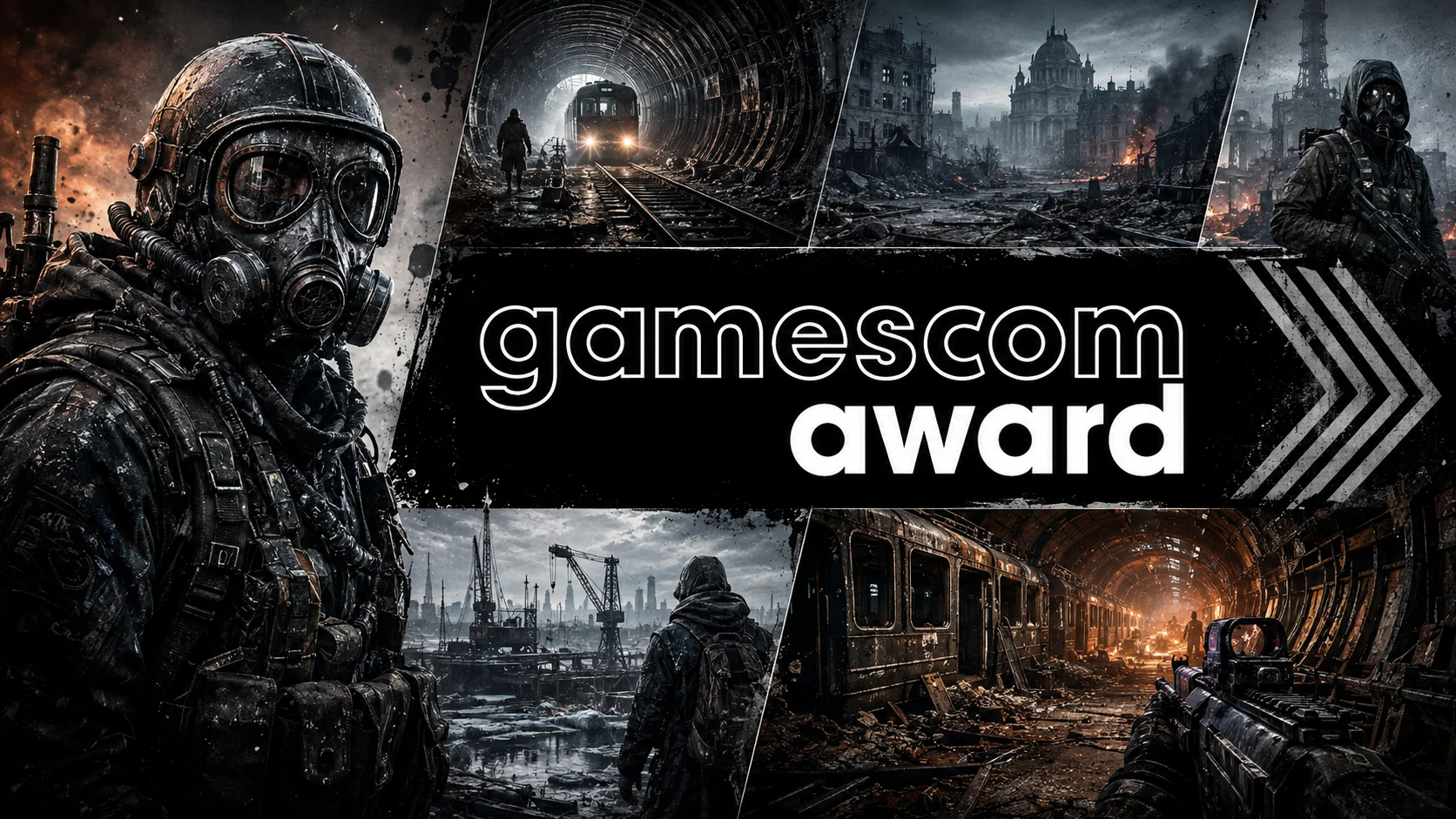 Editorial collage of gamescom award 2026 with the award's logo surrounded by post-apocalyptic scenes inspired by Metro 2039, including survivors wearing gas masks, subway tunnels, abandoned trains, and a city in ruins.