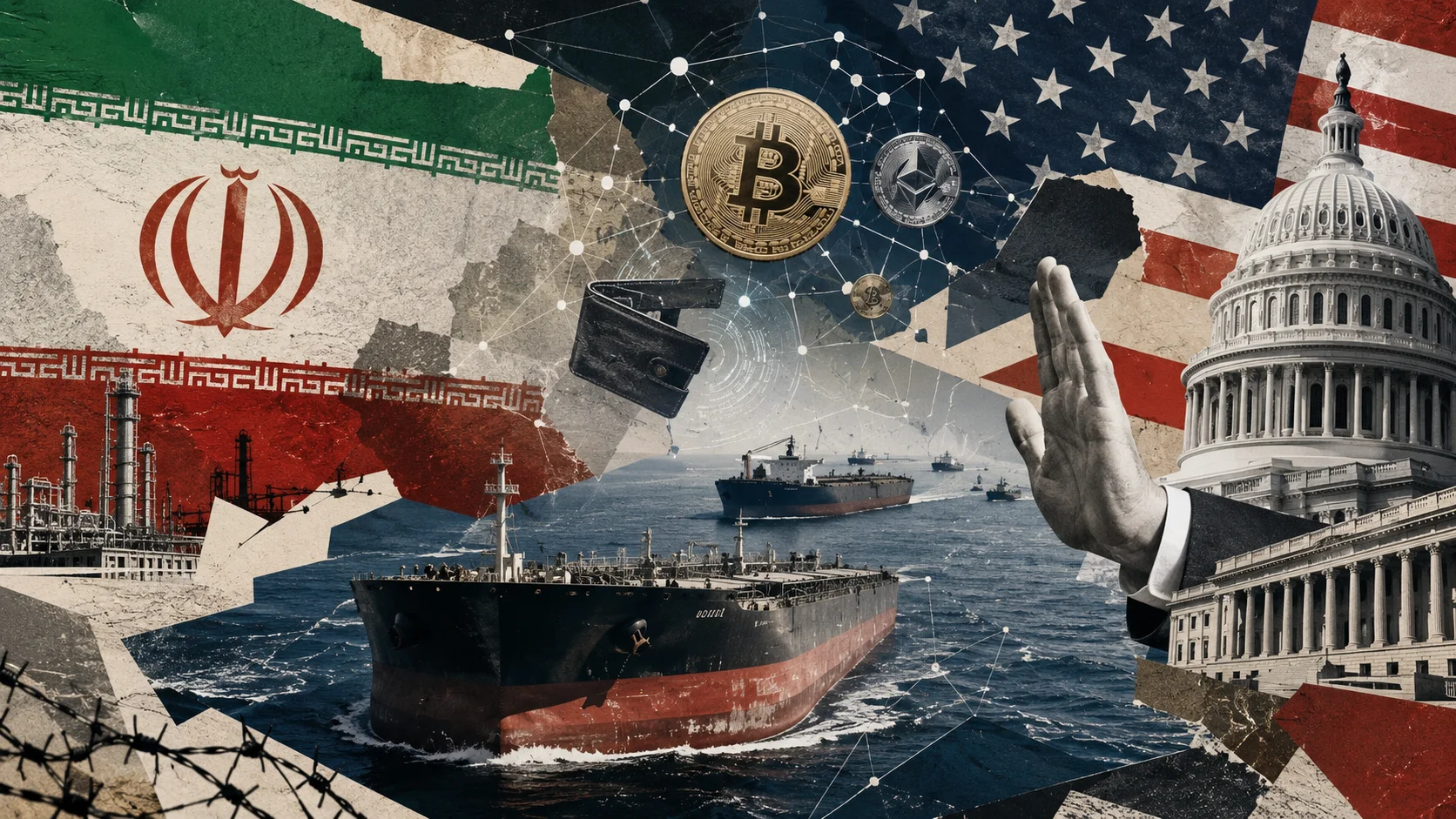 Collage-style illustration shows the flag of Iran, the US flag, oil tankers at sea and cryptocurrency symbols, representing American sanctions on the crypto sector and Iranian oil.