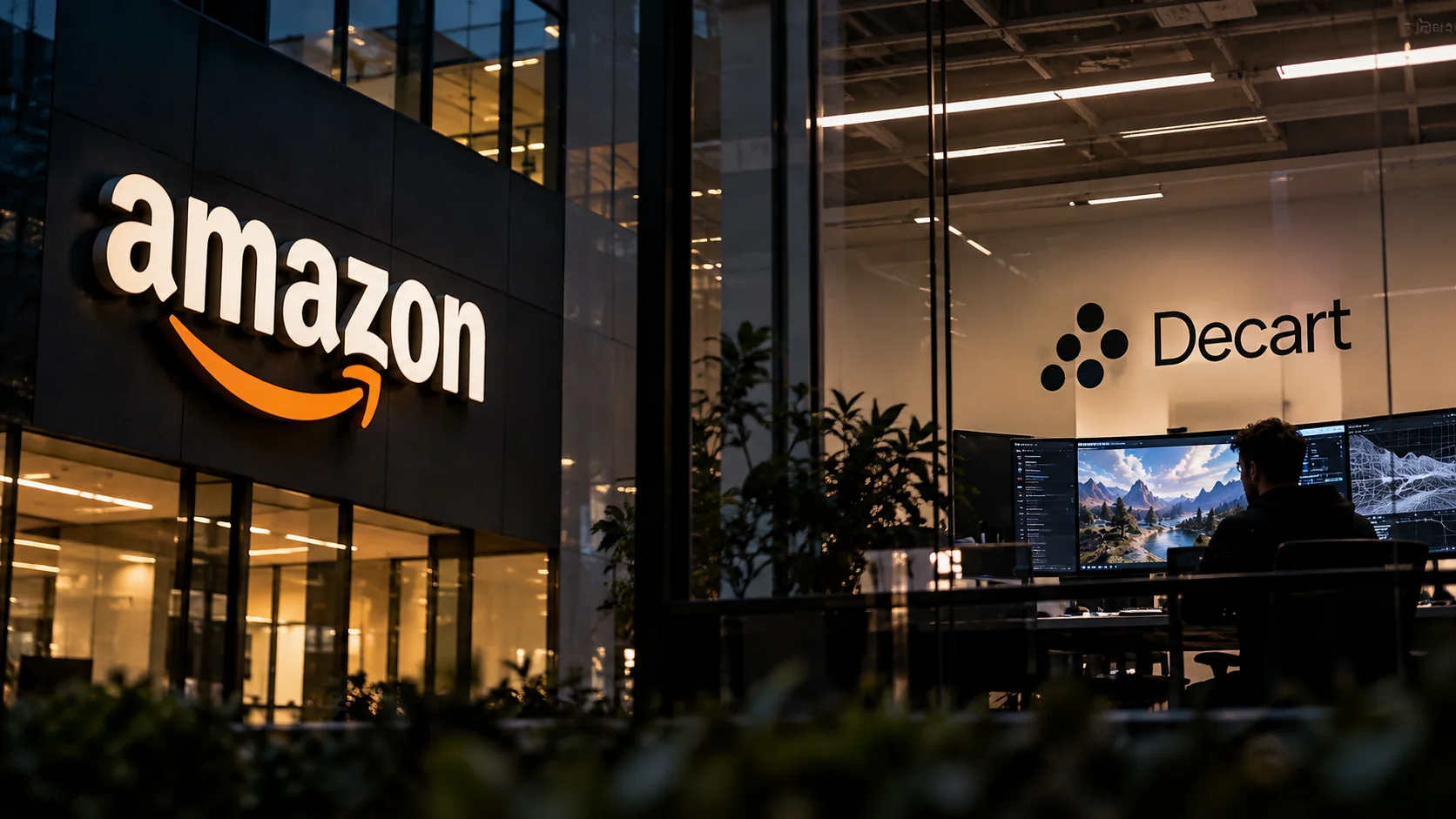 Editorial composition with the Amazon and Decart logos in glass-walled corporate environments.