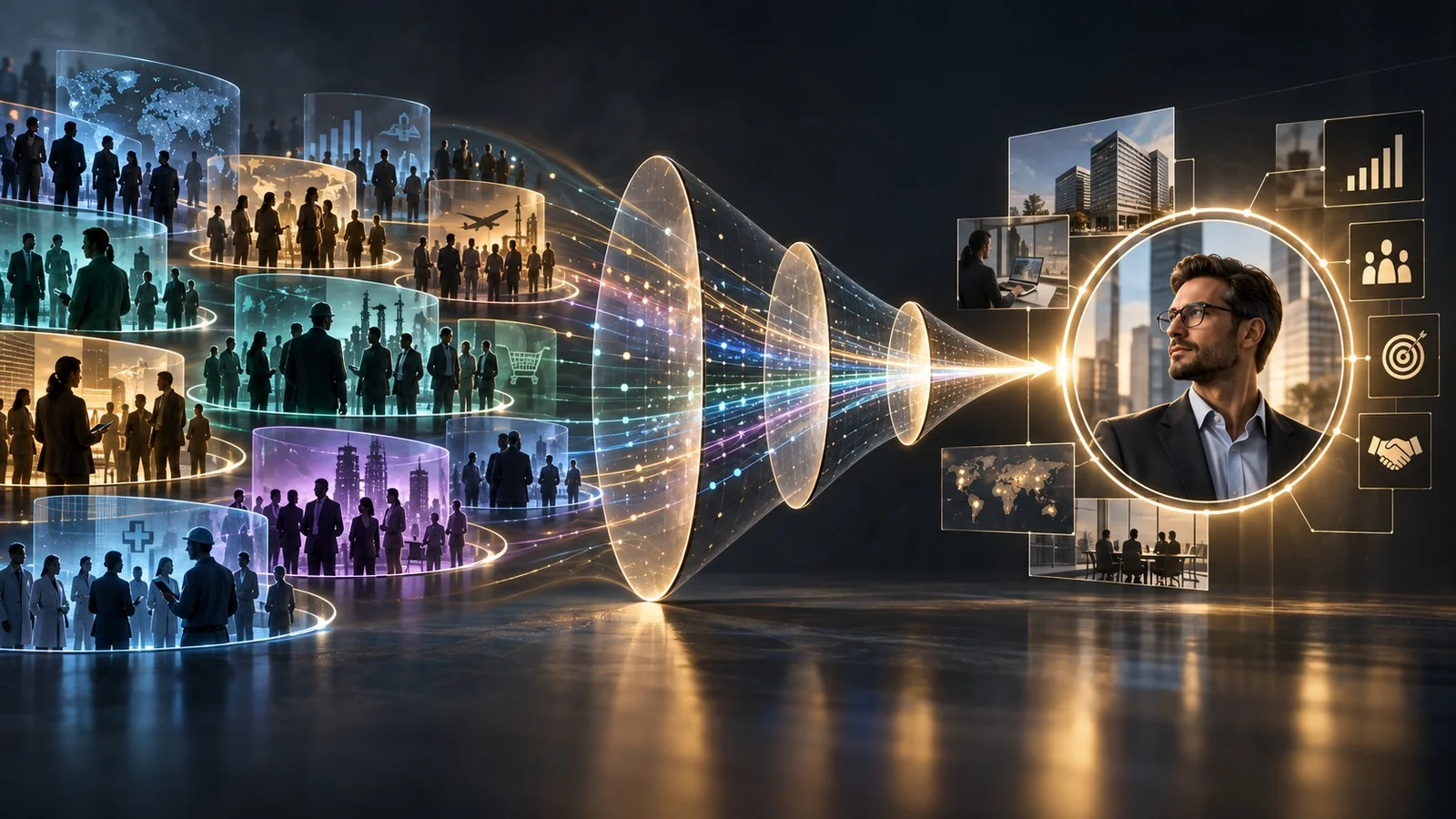 Audience segments narrowing into a clearly defined ideal customer profile.
