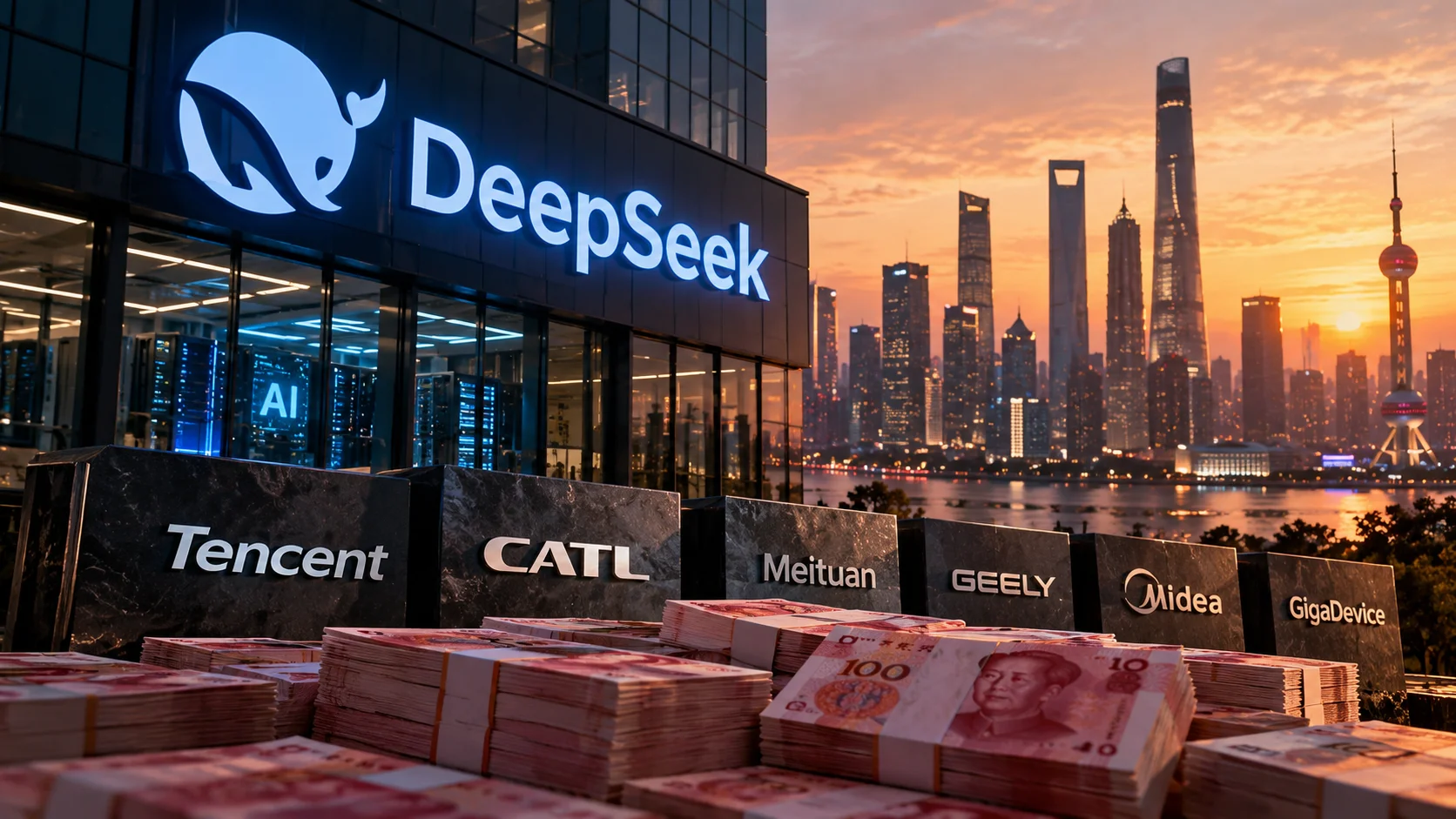 Editorial montage with the DeepSeek logo, Chinese investors and stacks of yuan against the Shanghai skyline.