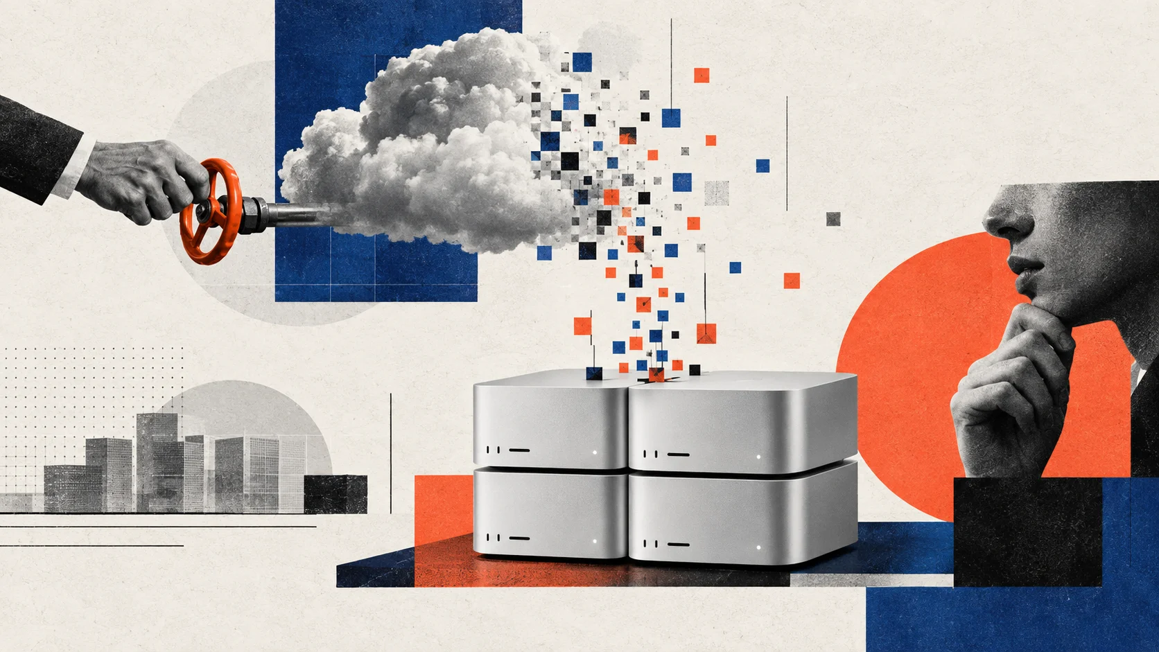 Collage editorial que muestra una nube disolviéndose en datos que fluyen hacia un clúster de cuatro unidades de Mac Studio.