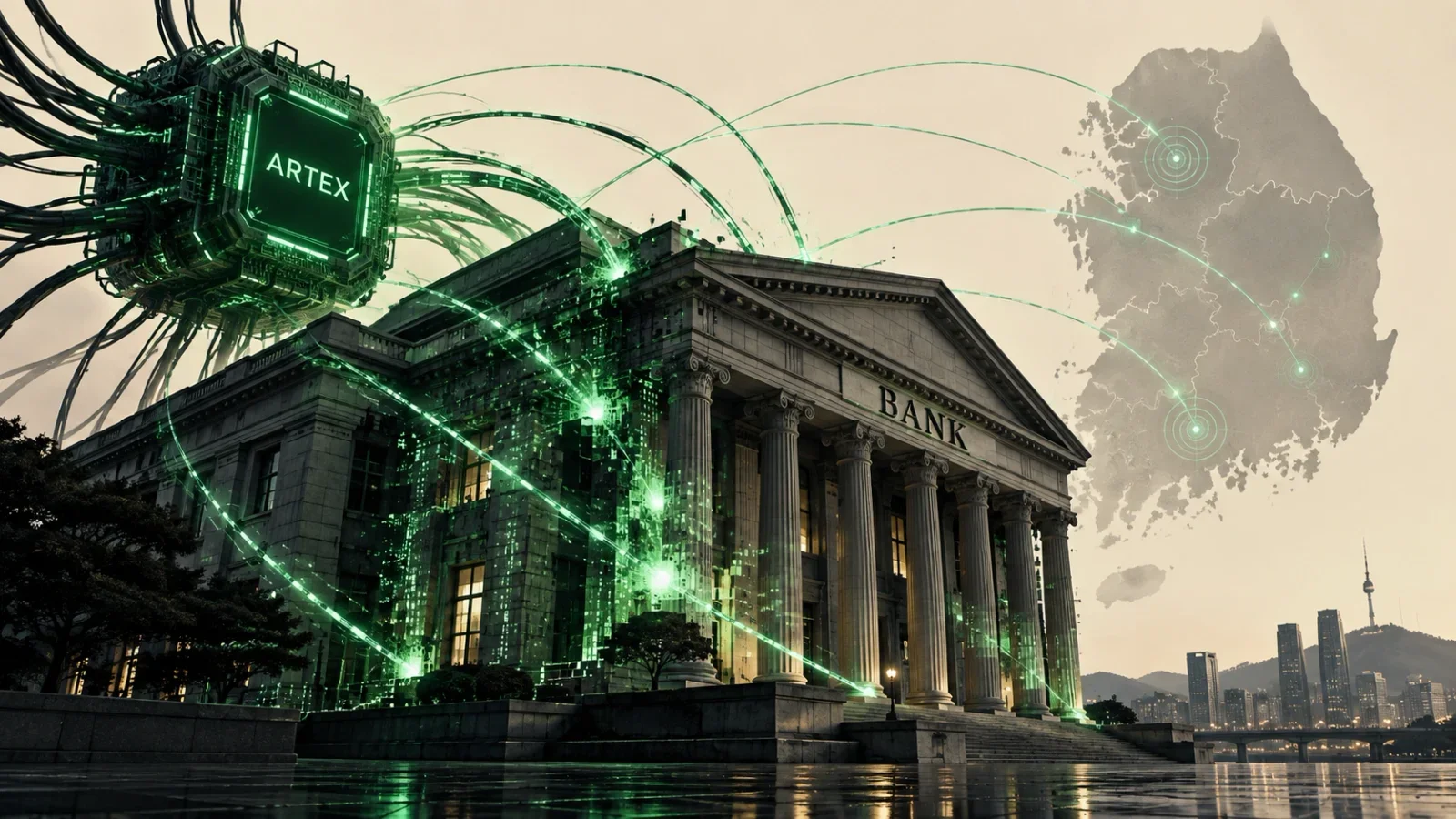 Imagen conceptual muestra un banco bajo ataque cibernético asociado con ARTEX, con flujos digitales y un mapa de Corea del Sur al fondo.