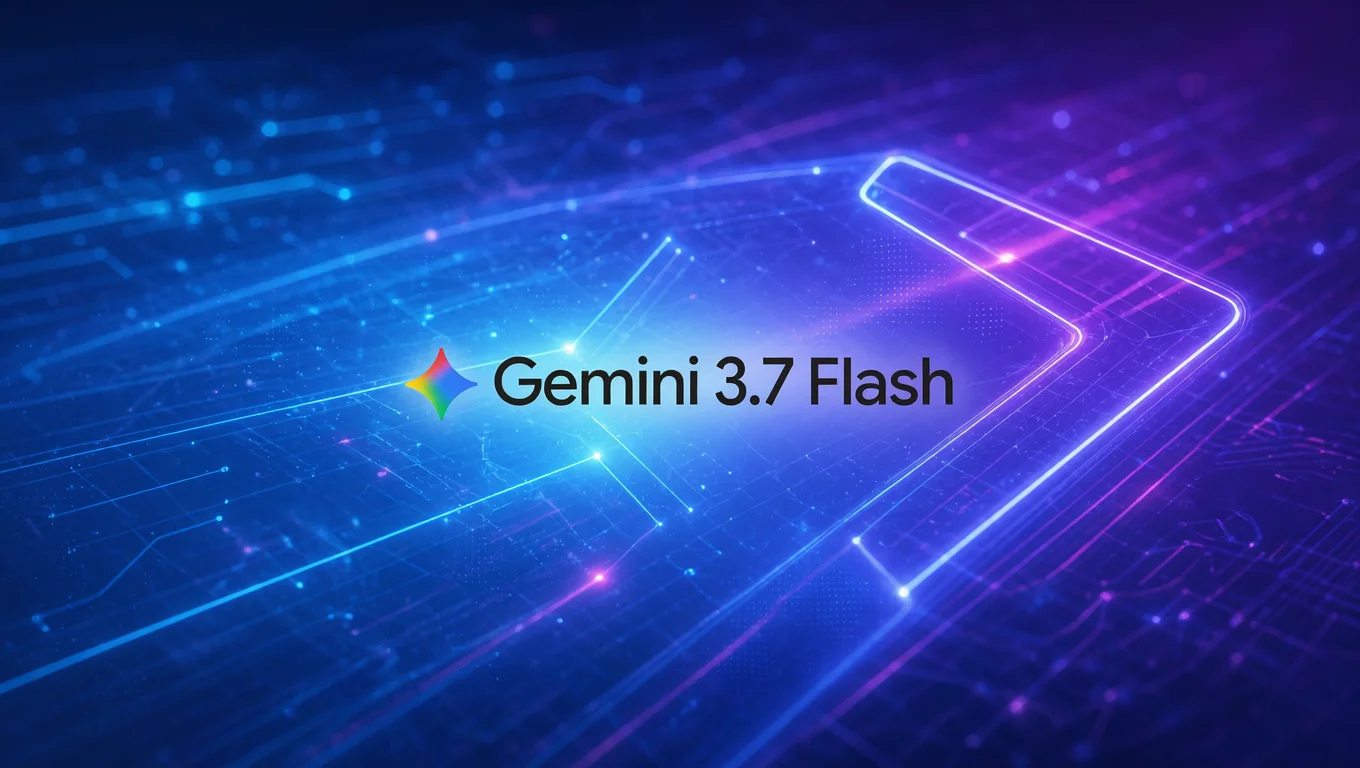 “Gemini 3.7 Flash” with the colorful Gemini symbol over an abstract light-blue background with blurred geometric shapes.
