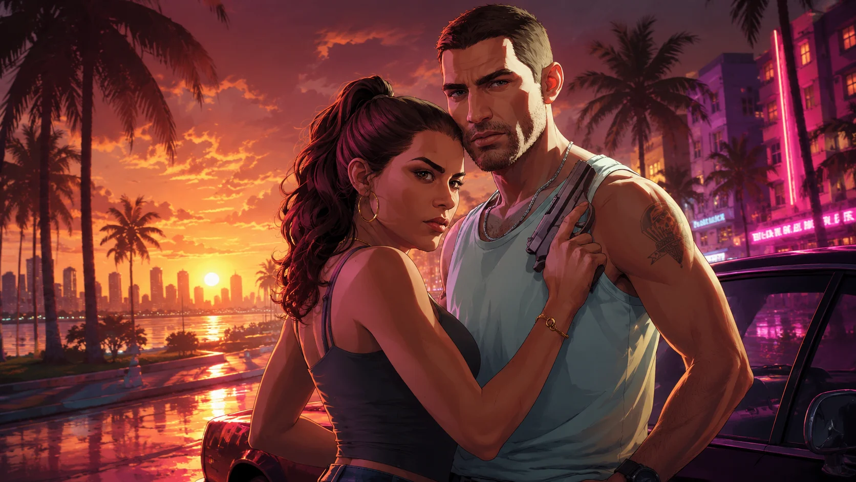 Stylized scene evoking the sun-soaked, neon atmosphere associated with GTA 6, with two characters posed beside a car against a tropical city backdrop.