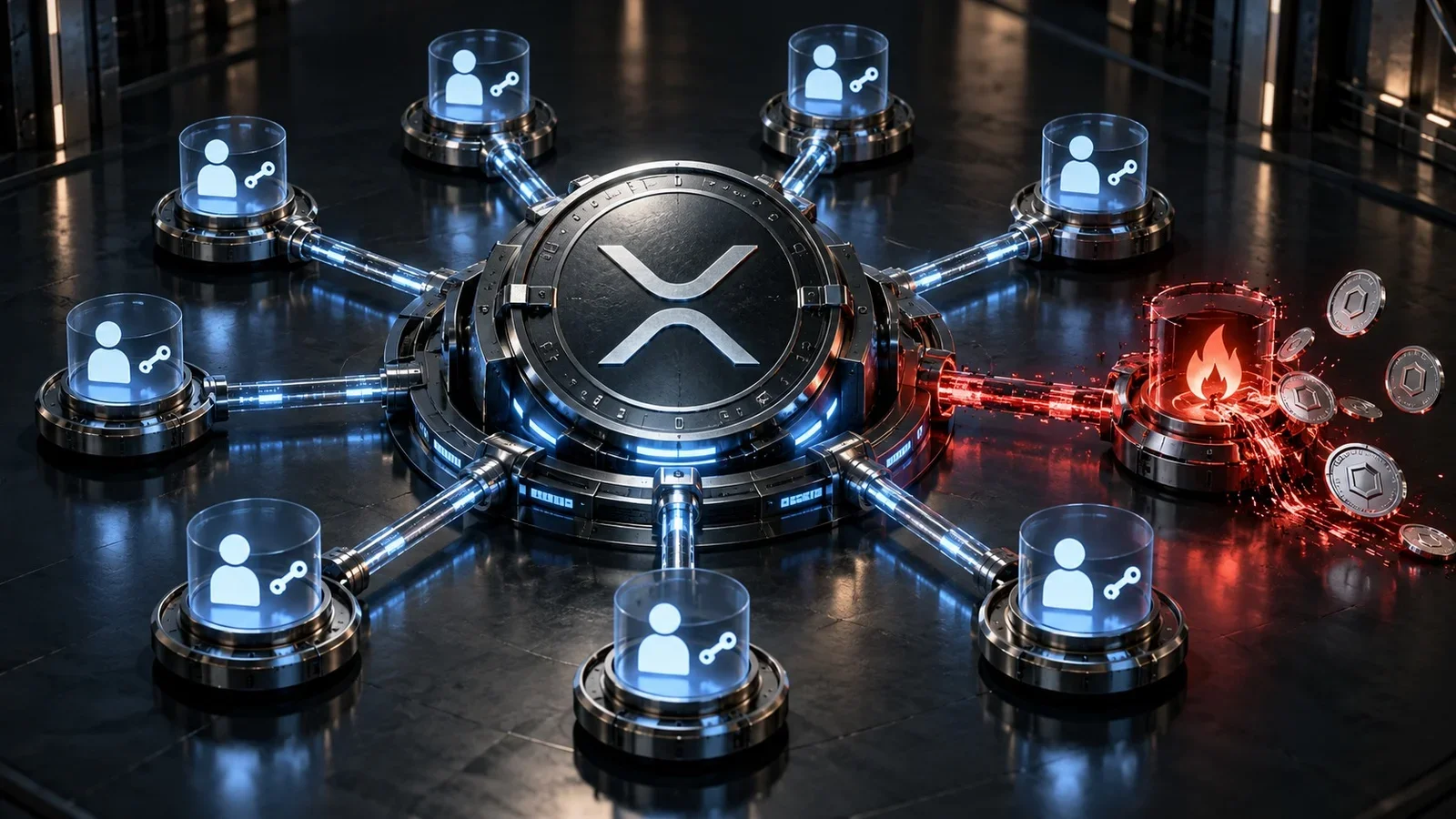 Símbolo XRP conectado a múltiples accesos digitales, con un nodo rojo que representa el fallo de seguridad.