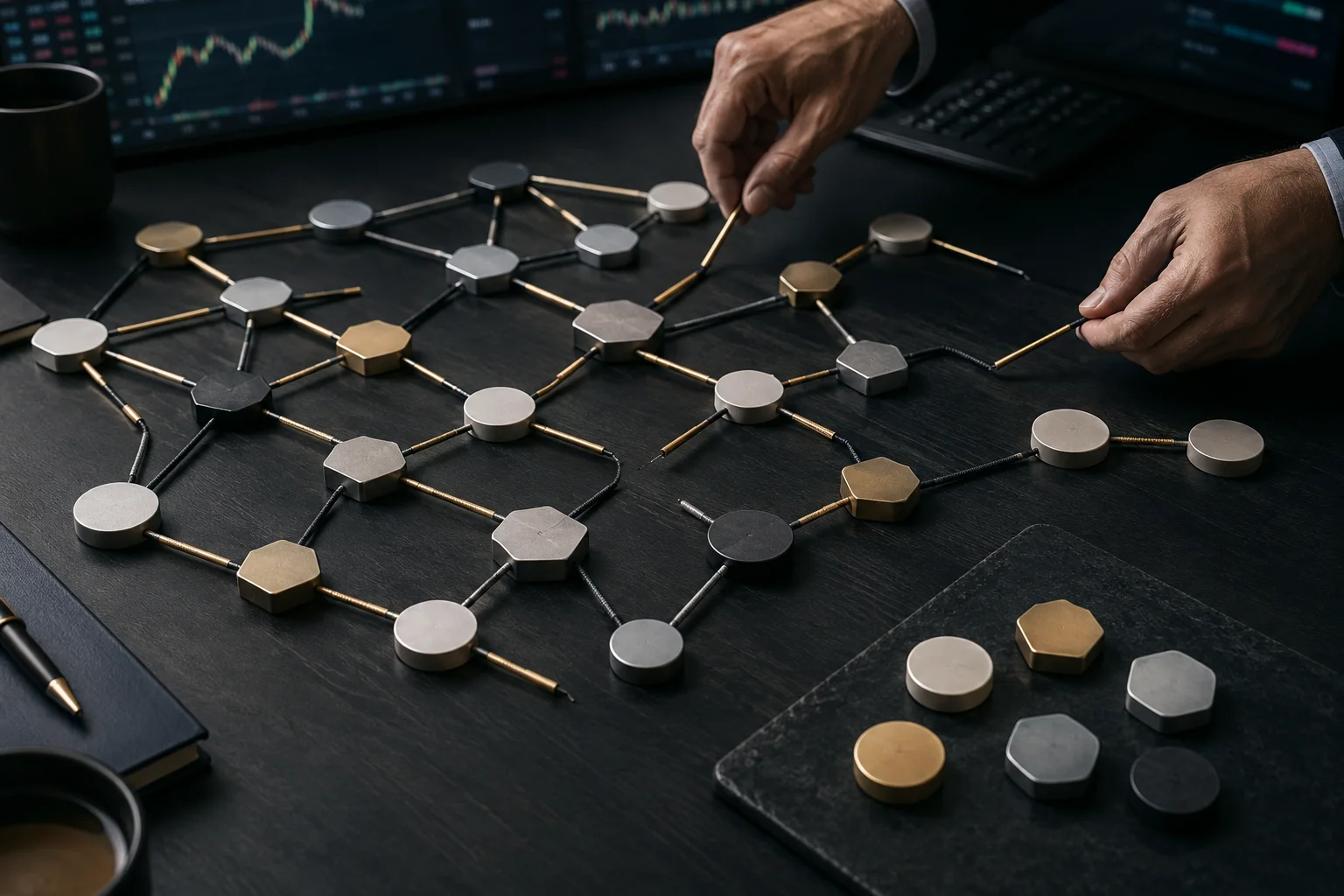 Physical panel of connected modules on a trading desk, with some connections being removed while six modules appear separate and disconnected from the network.