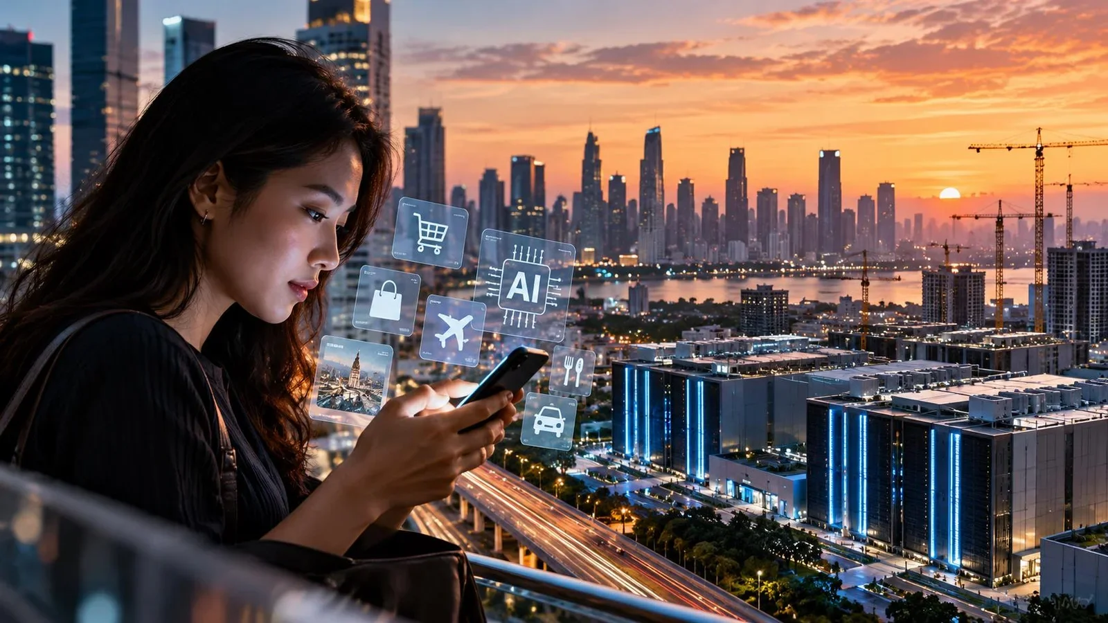 Woman using a smartphone in front of an Asian metropolis with data centers and visual elements of artificial intelligence.