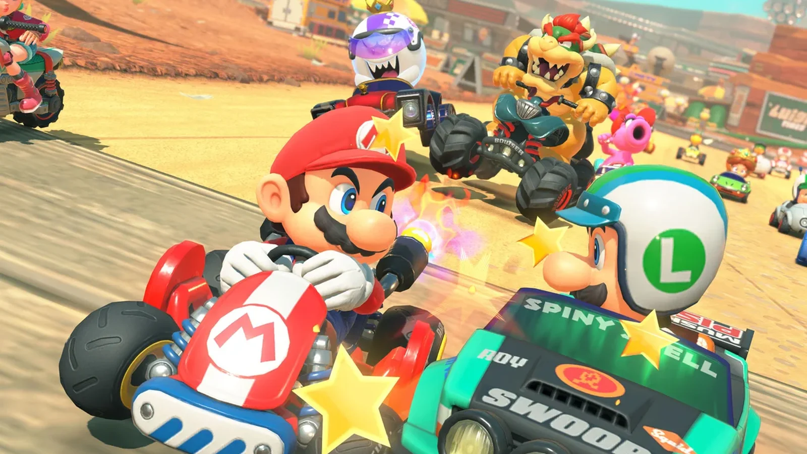 Mario and Luigi race side by side in karts on a Mario Kart World track, with other franchise characters in the background.