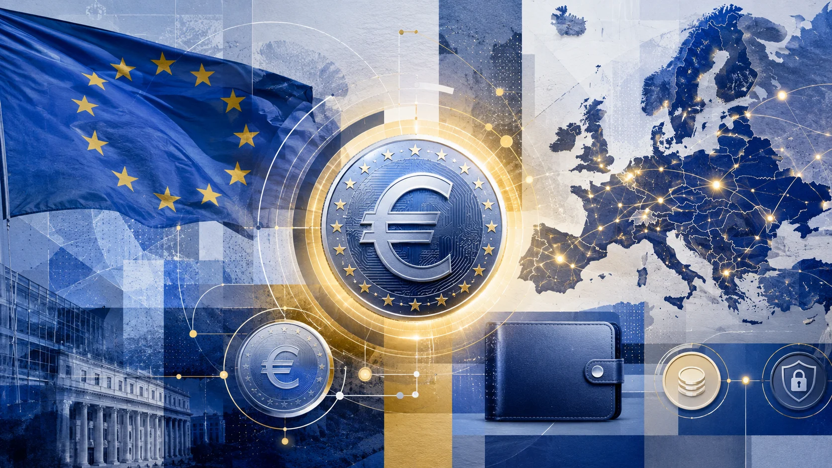 Horizontal collage-style illustration shows the European Union flag on the left, a large euro symbol in the center and a map of Europe with glowing connections on the right, as well as digital wallet and security icons representing Revolut's launch of a euro stablecoin.
