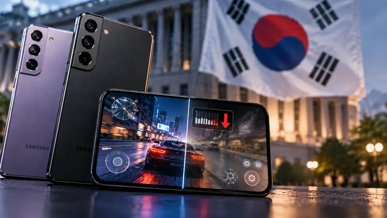 Samsung Galaxy smartphones with a racing game on screen and the South Korean flag in the background.
