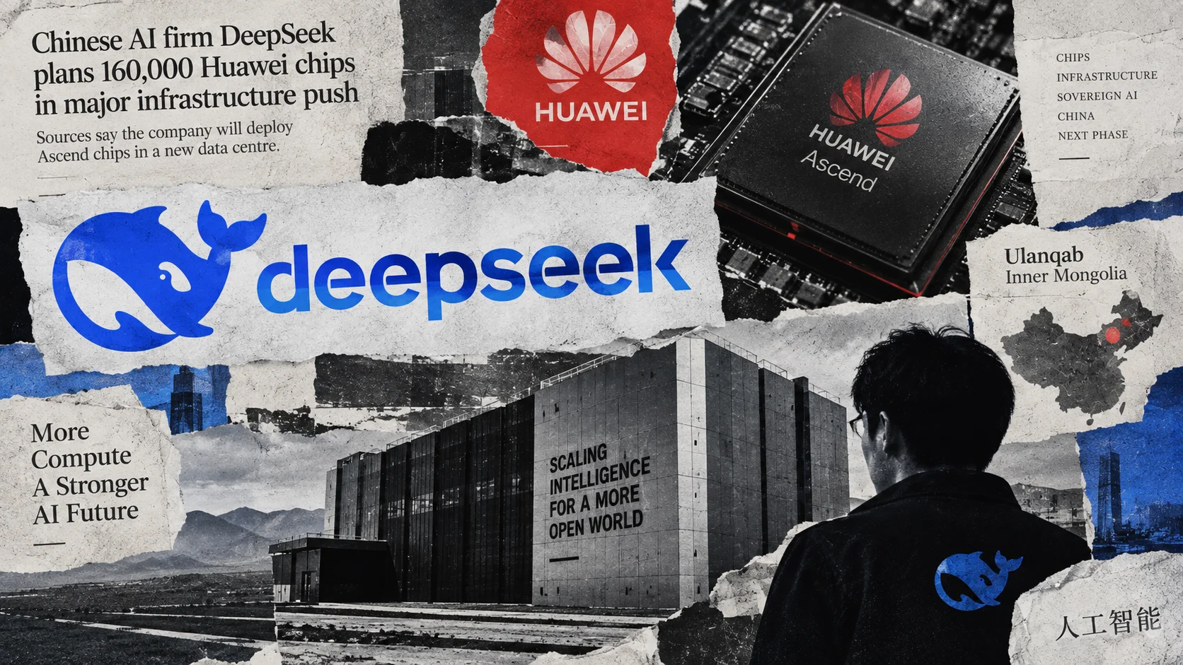 Editorial collage shows the DeepSeek brand, a Huawei Ascend chip, a data center and a reference to Ulanqab, in Inner Mongolia.