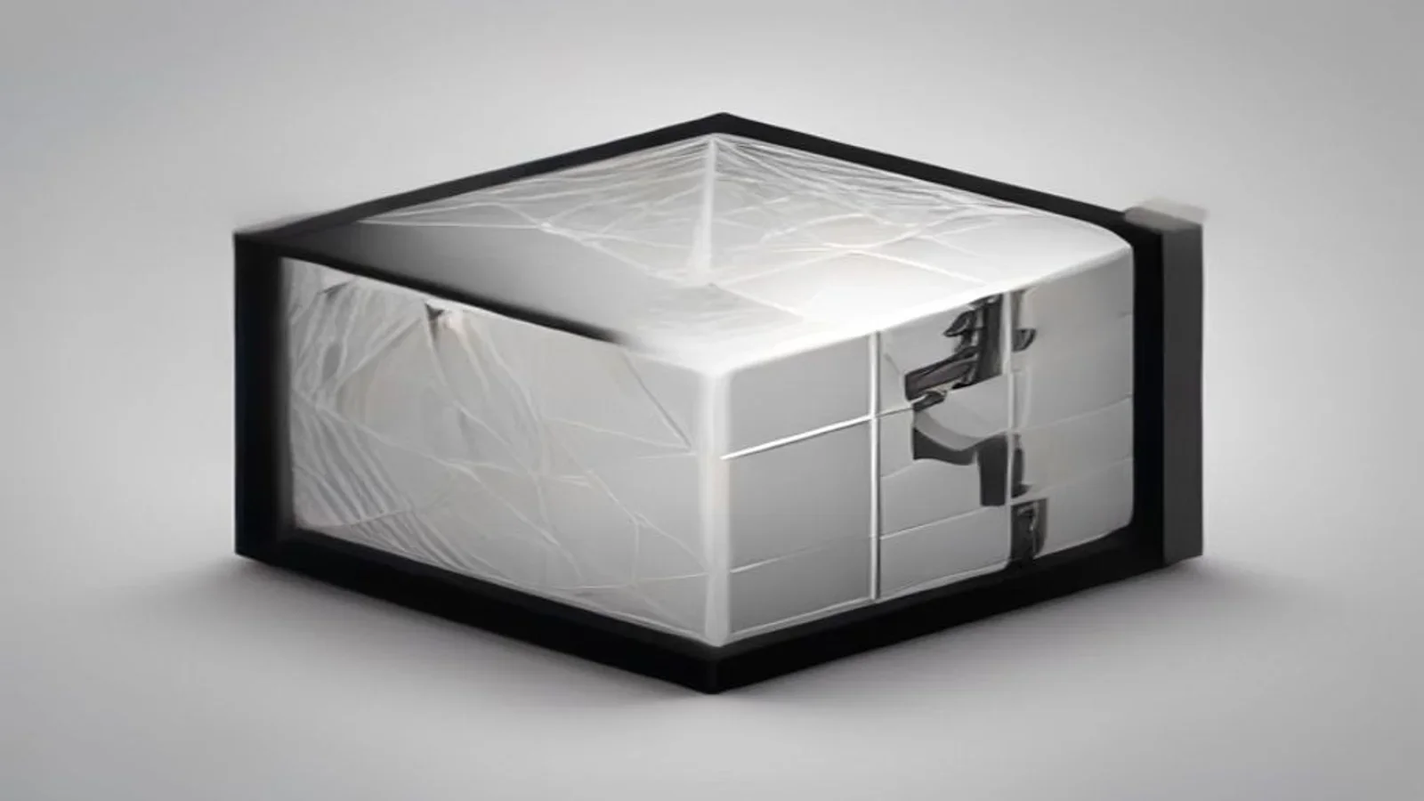 Cubo monocromático em wireframe com planos que se desdobram em expansão ordenada
