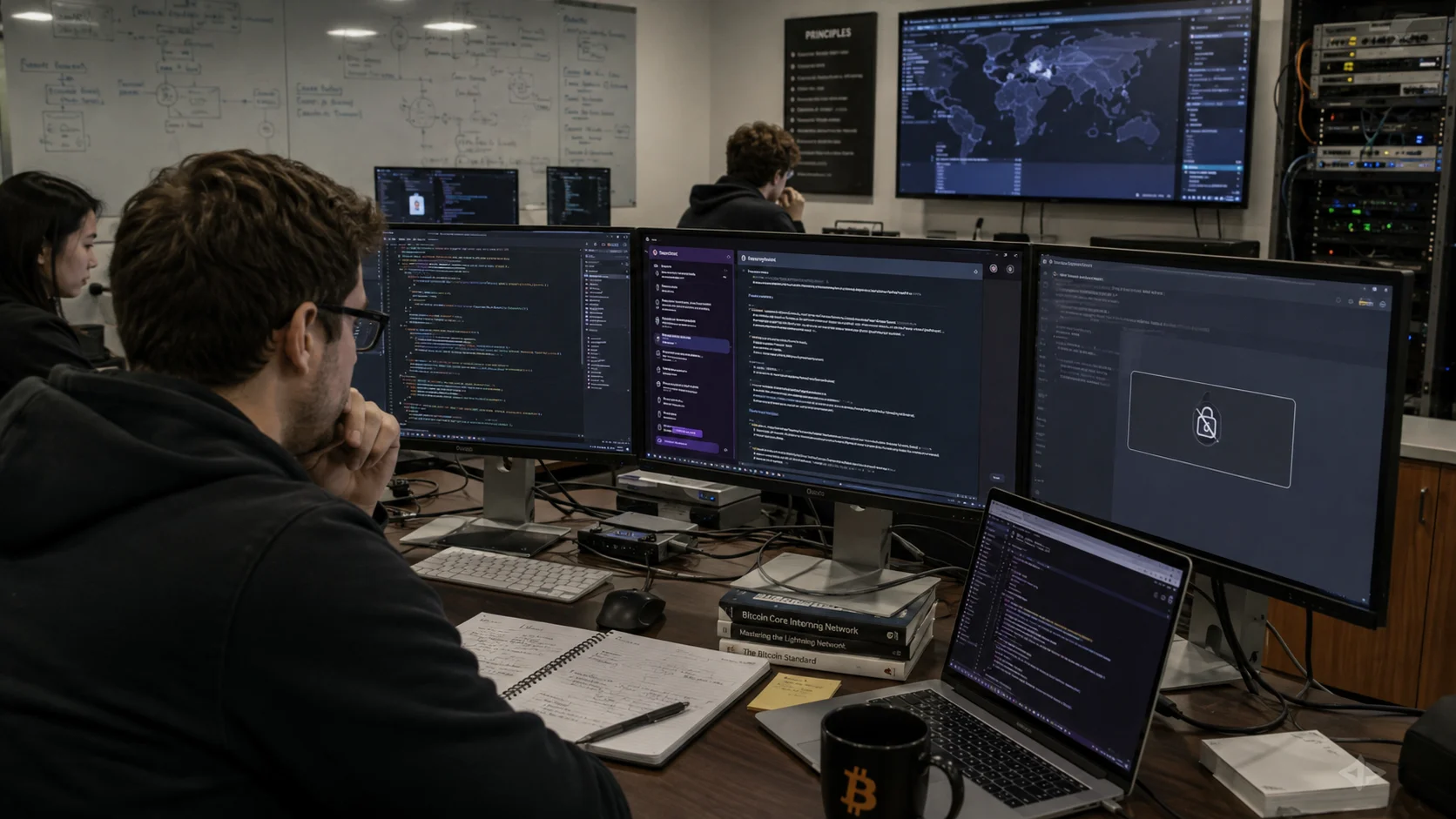 A team of security researchers works in front of several monitors with code and artificial intelligence tools during an audit of software related to Bitcoin infrastructure.
