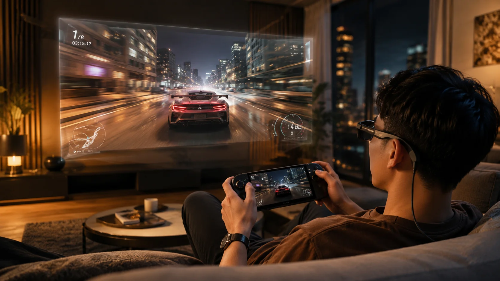 Pessoa joga em um ROG Xbox Ally X20 enquanto usa óculos de realidade aumentada que exibem uma tela virtual com jogo de corrida.