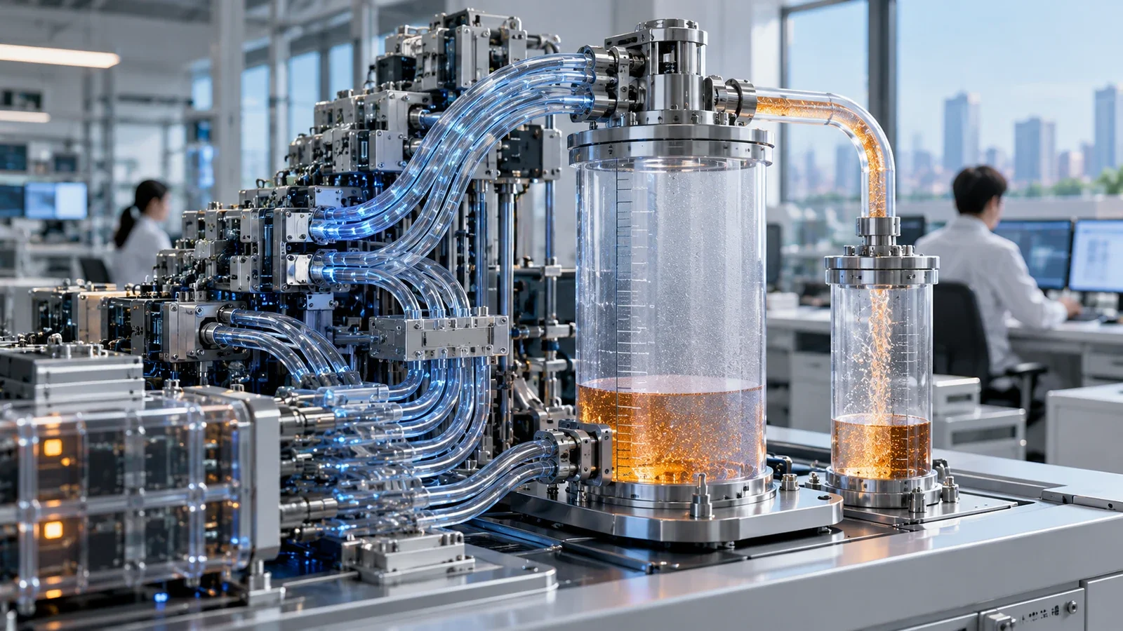 Structure of transparent pipes and reservoirs represents resource consumption by artificial intelligence agents.