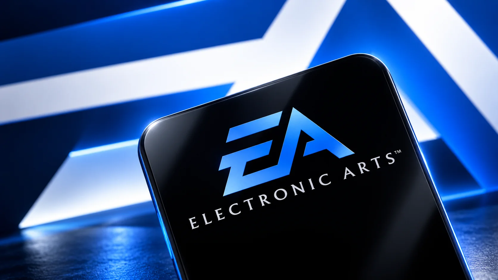 Electronic Arts logo featured against an abstract blue background, in an editorial composition with intense lighting and a three-dimensional effect.