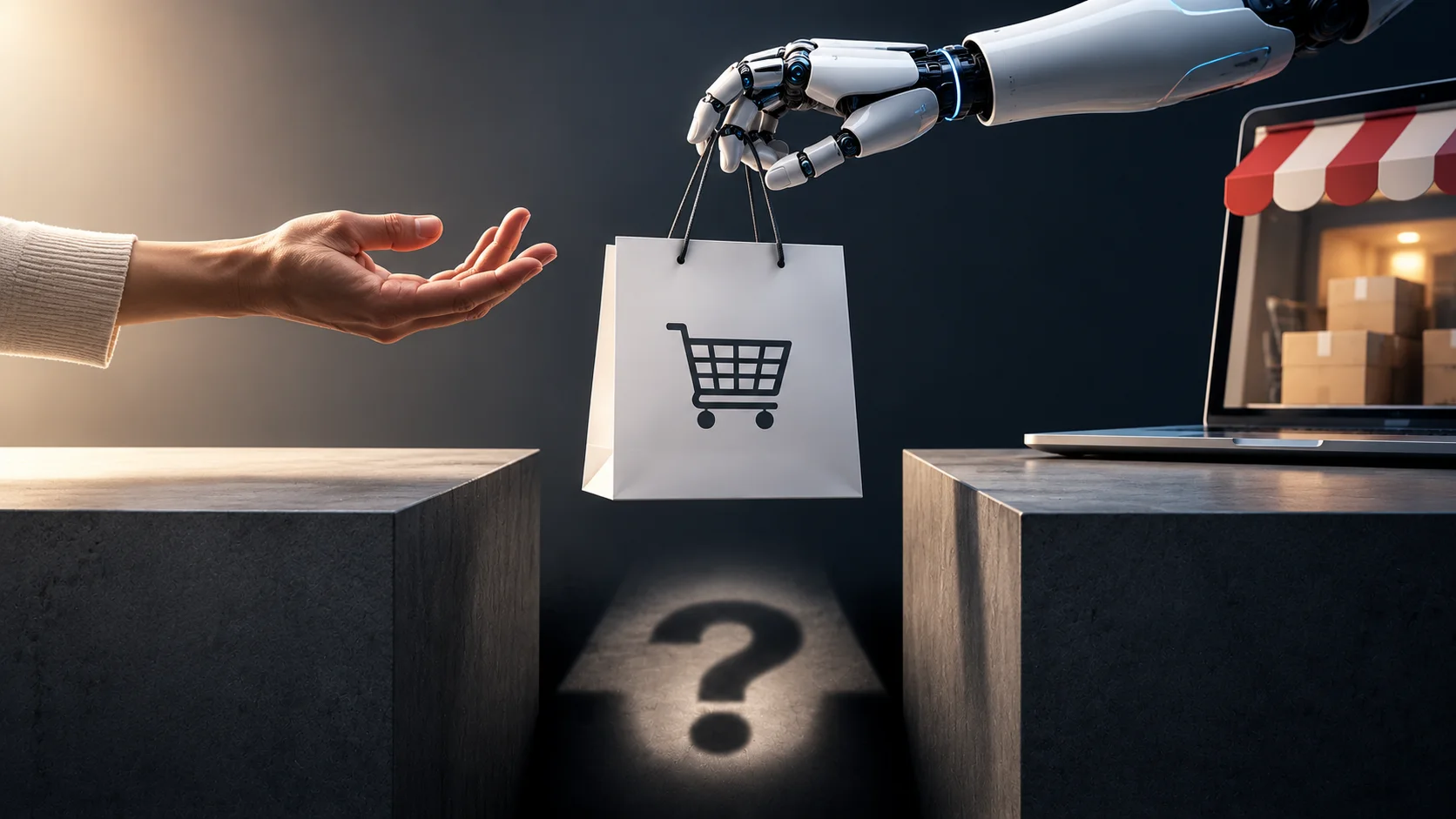 Una mano robótica sostiene una bolsa de compras sobre un abismo con un signo de interrogación, lo que simboliza los riesgos del comercio con agentes de IA.