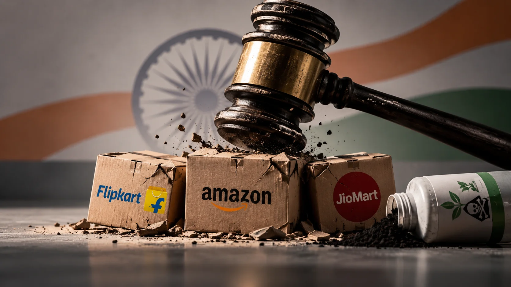 Martelo judicial sobre caixas da Amazon, Flipkart e JioMart, com recipiente químico ao lado.