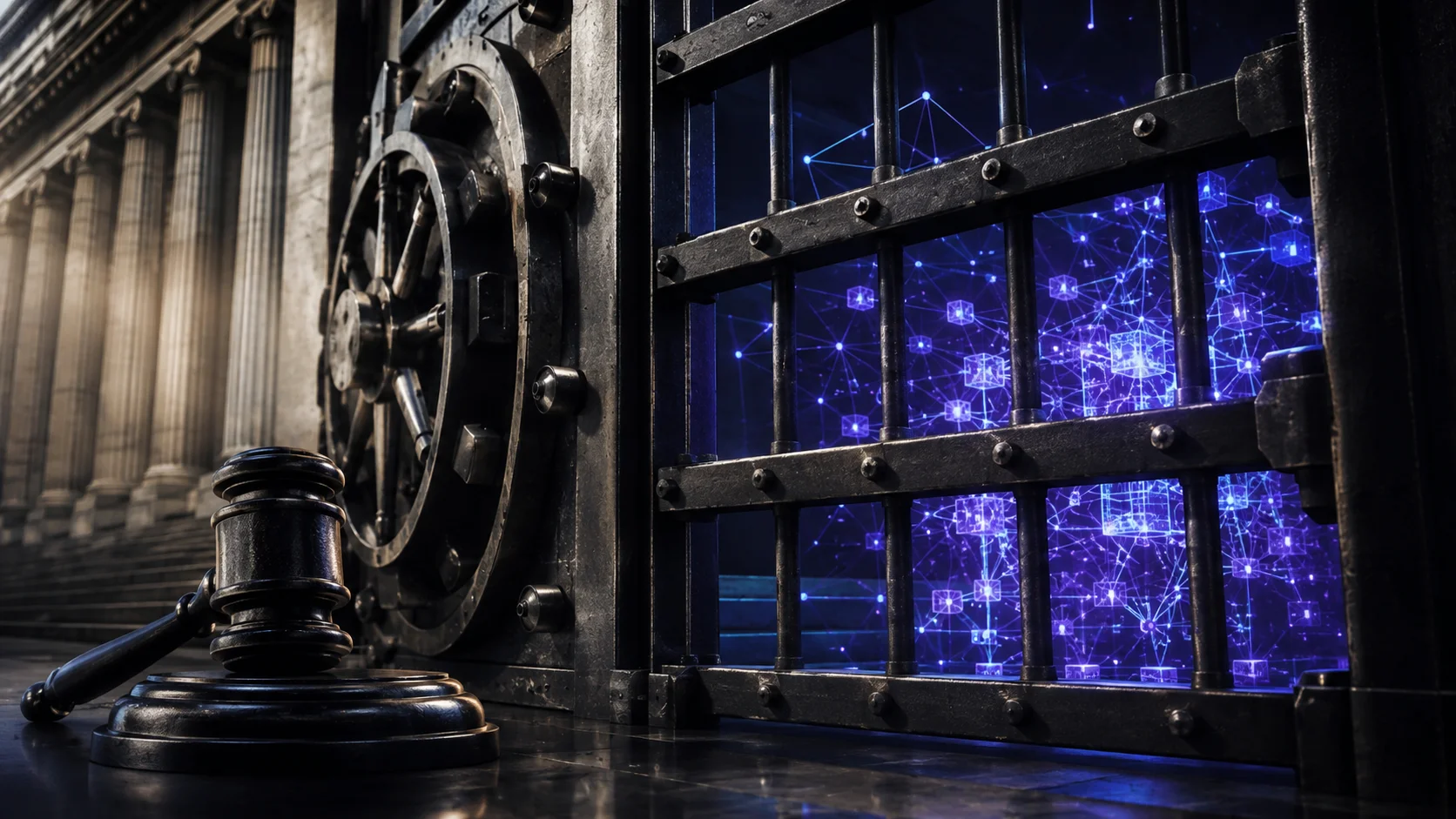 A judge's gavel in front of a large bank vault with bars, behind which a blue digital network of connections and glowing blocks appears.
