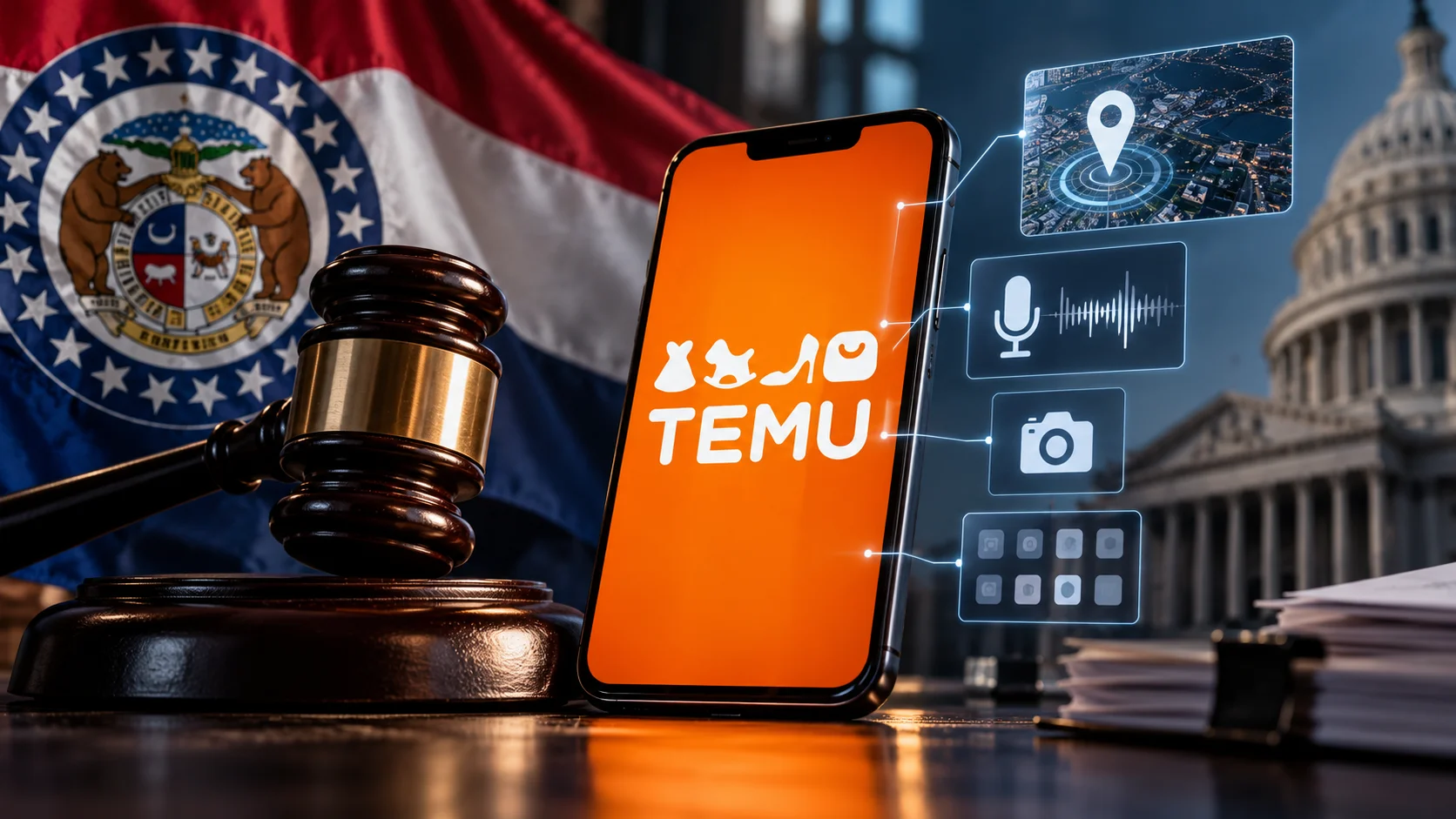 Editorial illustration with the Temu app, a judicial gavel and the Missouri flag, highlighting accusations of access to user data.