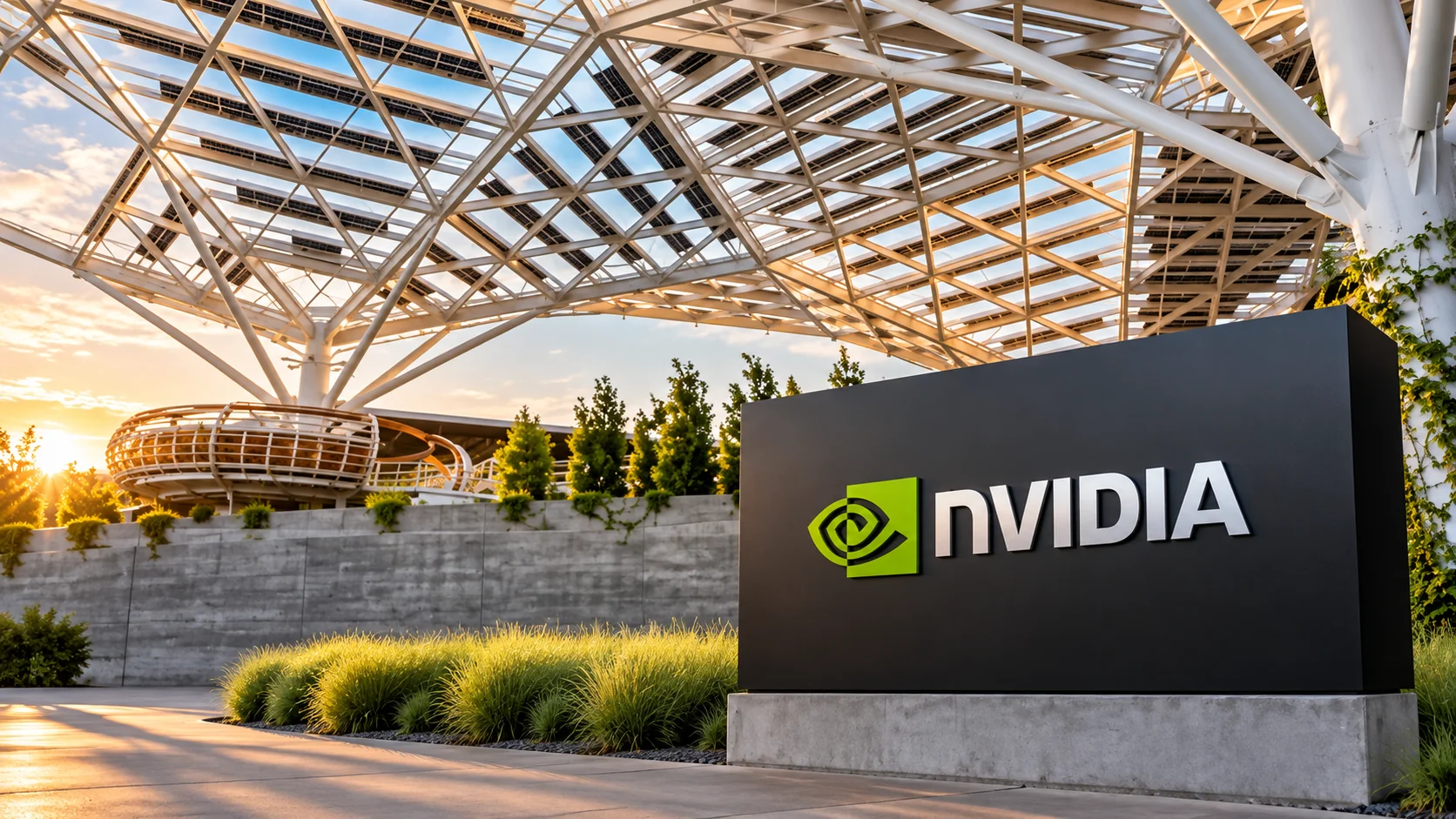 Sign with the Nvidia logo in front of a modern architectural structure on the company's campus, lit by late afternoon light.
