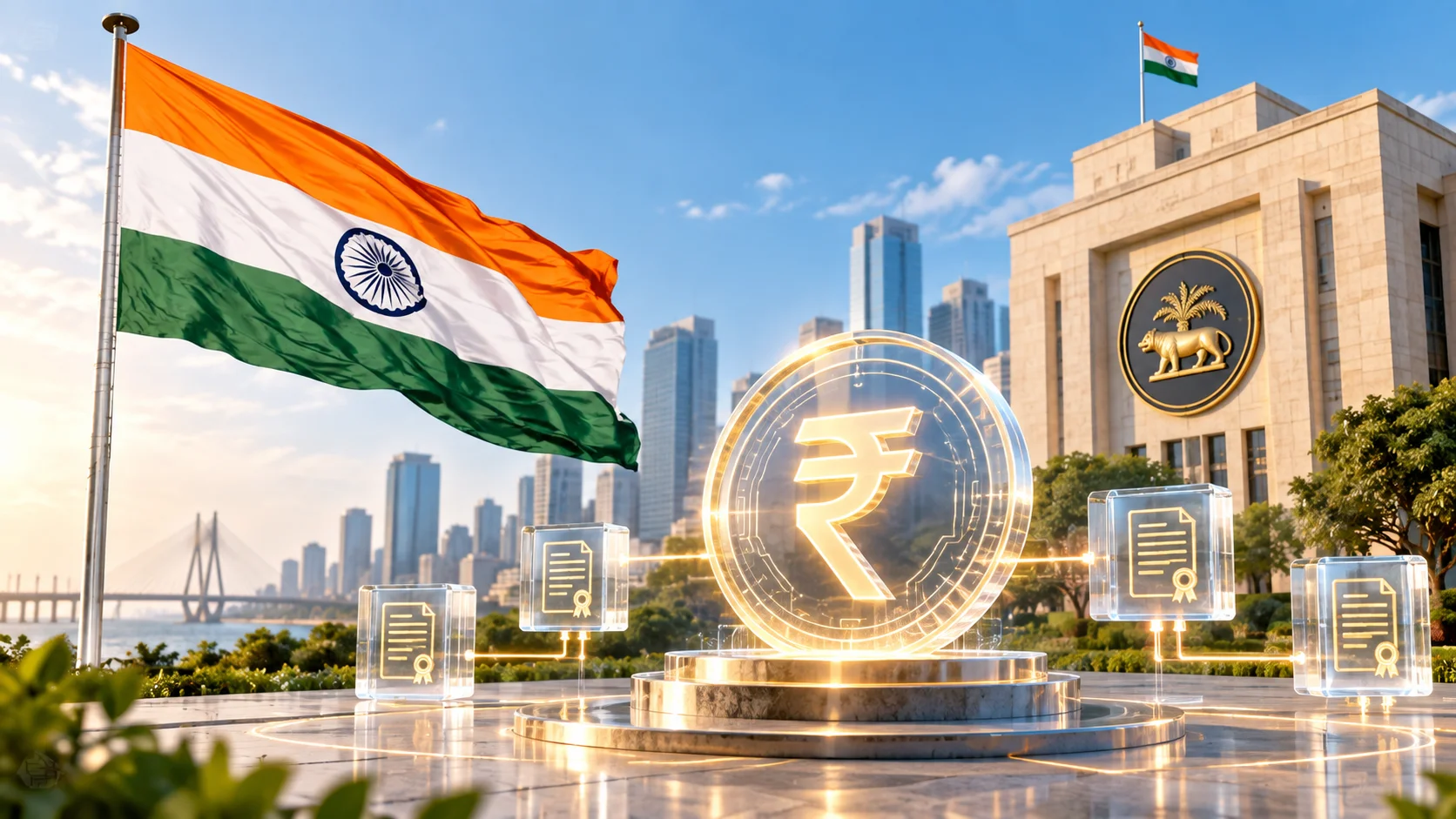 Editorial illustration shows the flag of India in the foreground, next to a large glowing rupee symbol surrounded by digital blocks representing tokenized bonds, with an institutional building and skyline in the background.