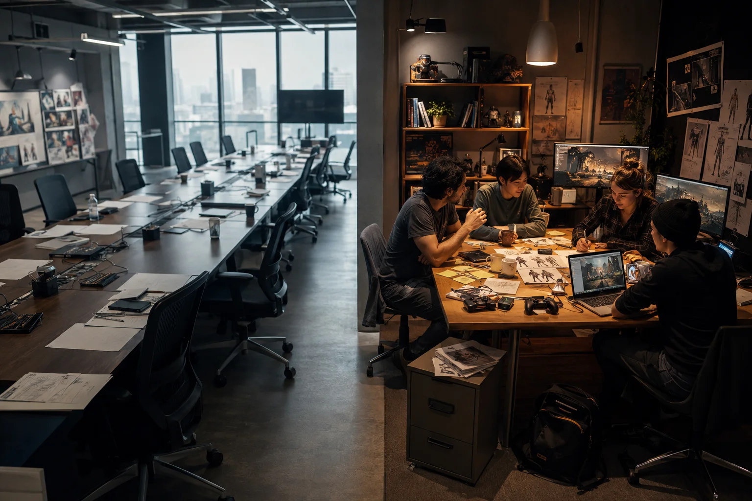 Office divided between a long empty corporate table, surrounded by chairs and documents, and a smaller table where four developers work together on concepts and screens of a game.