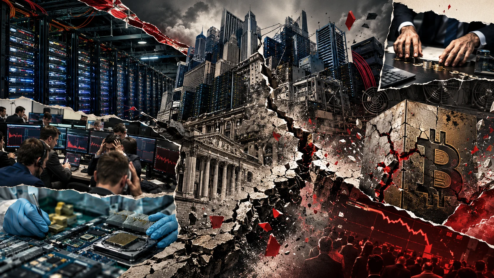 A collage shows data centers, chips, financial operators, Wall Street and a Bitcoin block fractured by a large crack, symbolizing the risk of a joint collapse between the AI and cryptocurrency markets.